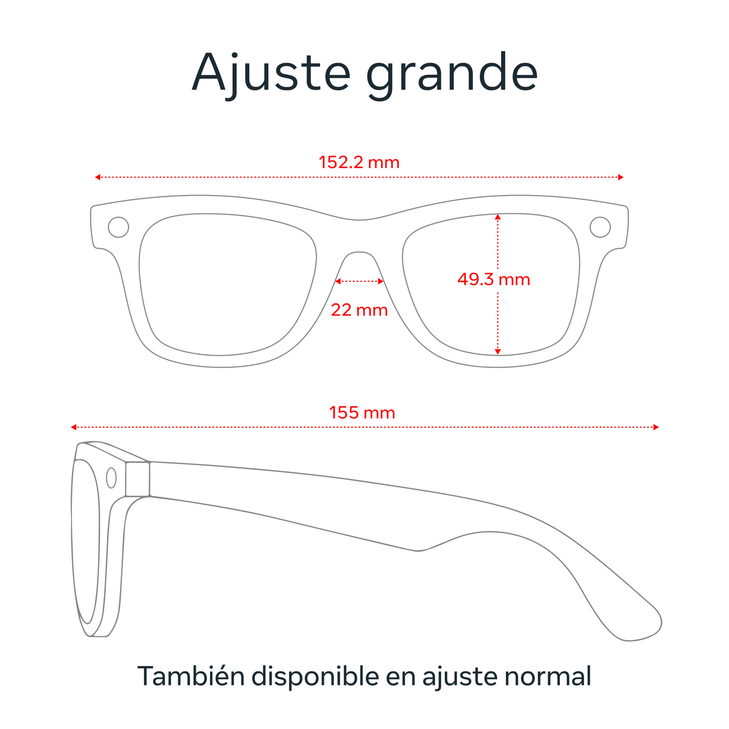 Diagrama de gafas de sol, mostrando dimensiones: 152,2 mm, 49,3 mm, 22 mm y 155 mm, y texto.