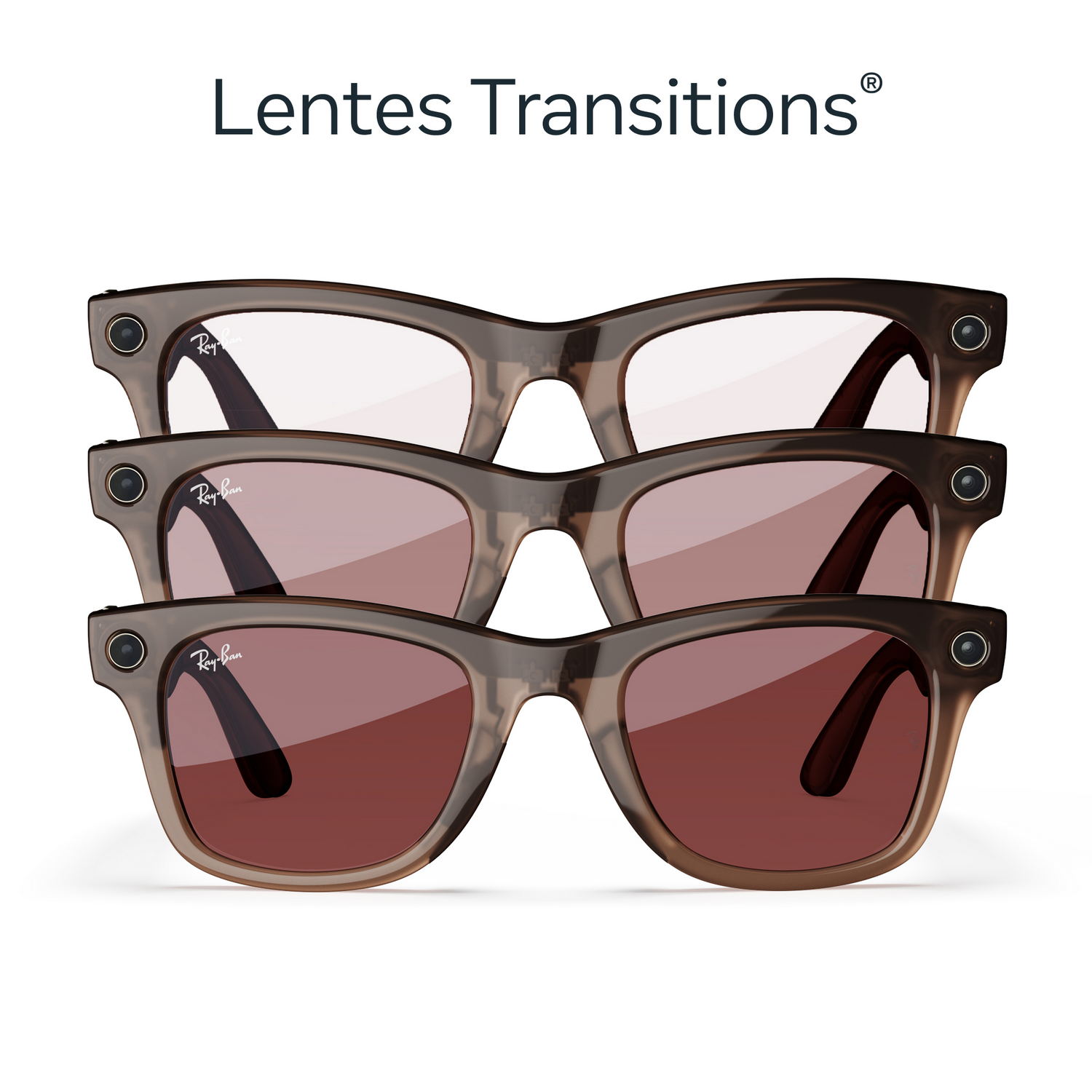 Tres pares de gafas de sol con diferentes tintes de lente, etiquetadas como 'Lentes Transitions'.