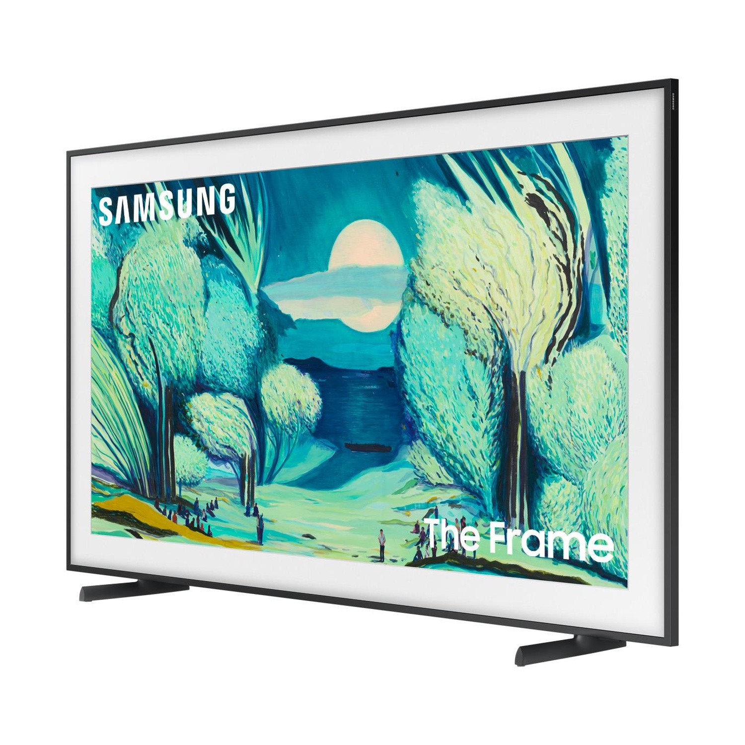 TV che mostra un dipinto di paesaggio con alberi e una luna luminosa. Cornice nera.