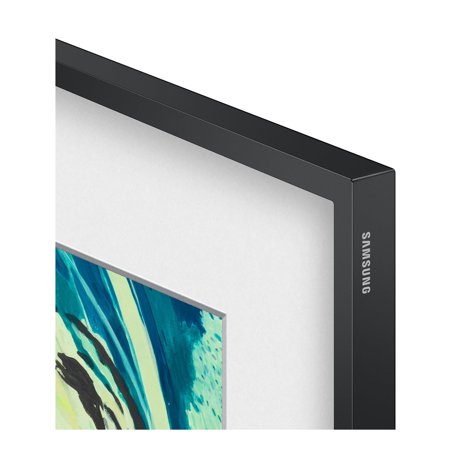 Primo piano di una cornice nera attorno a un dipinto, con il logo Samsung.