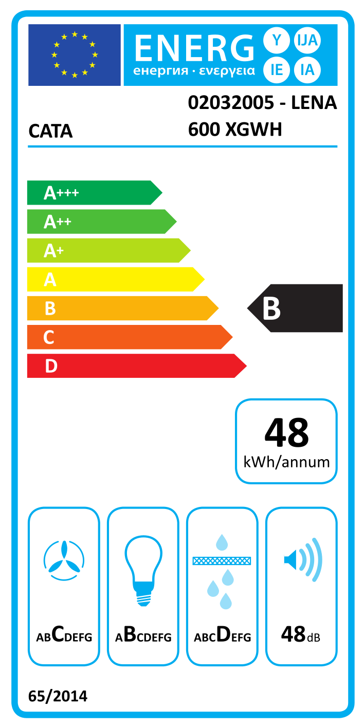 Energia címke egy CATA készülékhez, besorolásokkal és energiahatékonysági részletekkel.