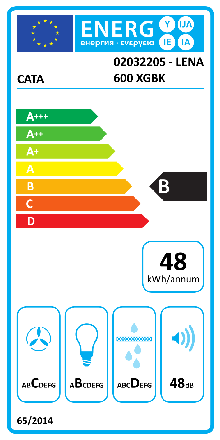 Energia címke egy CATA páraelszívóhoz, energiahatékonyságot mutatva.