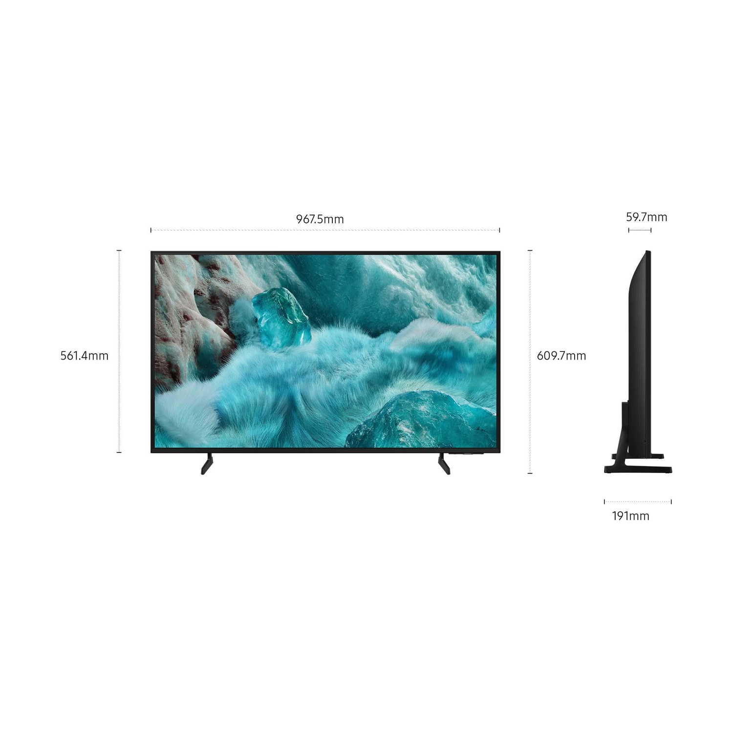 Schermo TV con dimensioni, che mostra un'immagine del paesaggio. La vista laterale mostra lo spessore e il supporto.
