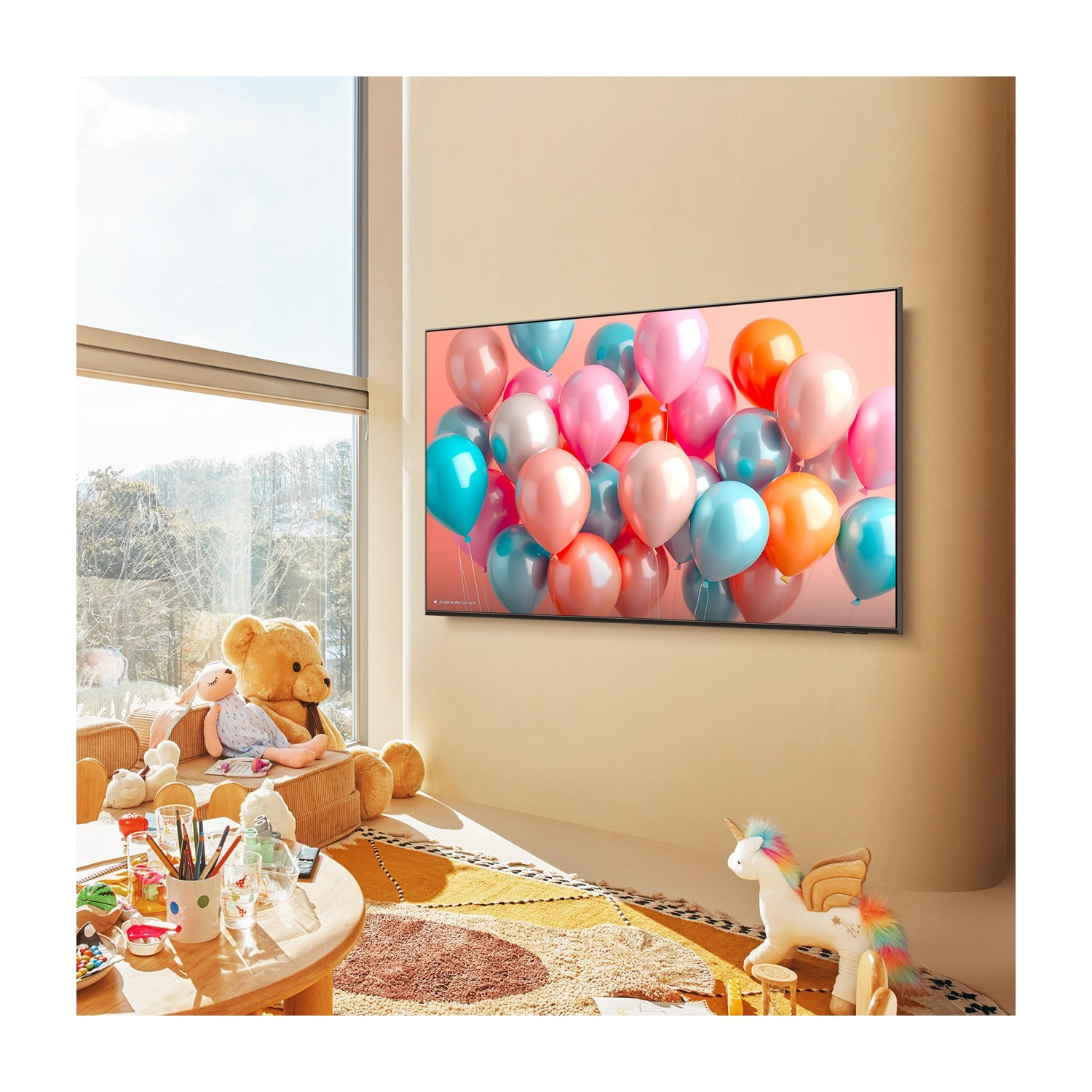 TV su un muro, che mostra palloncini colorati. Giocattoli e una finestra in primo piano.