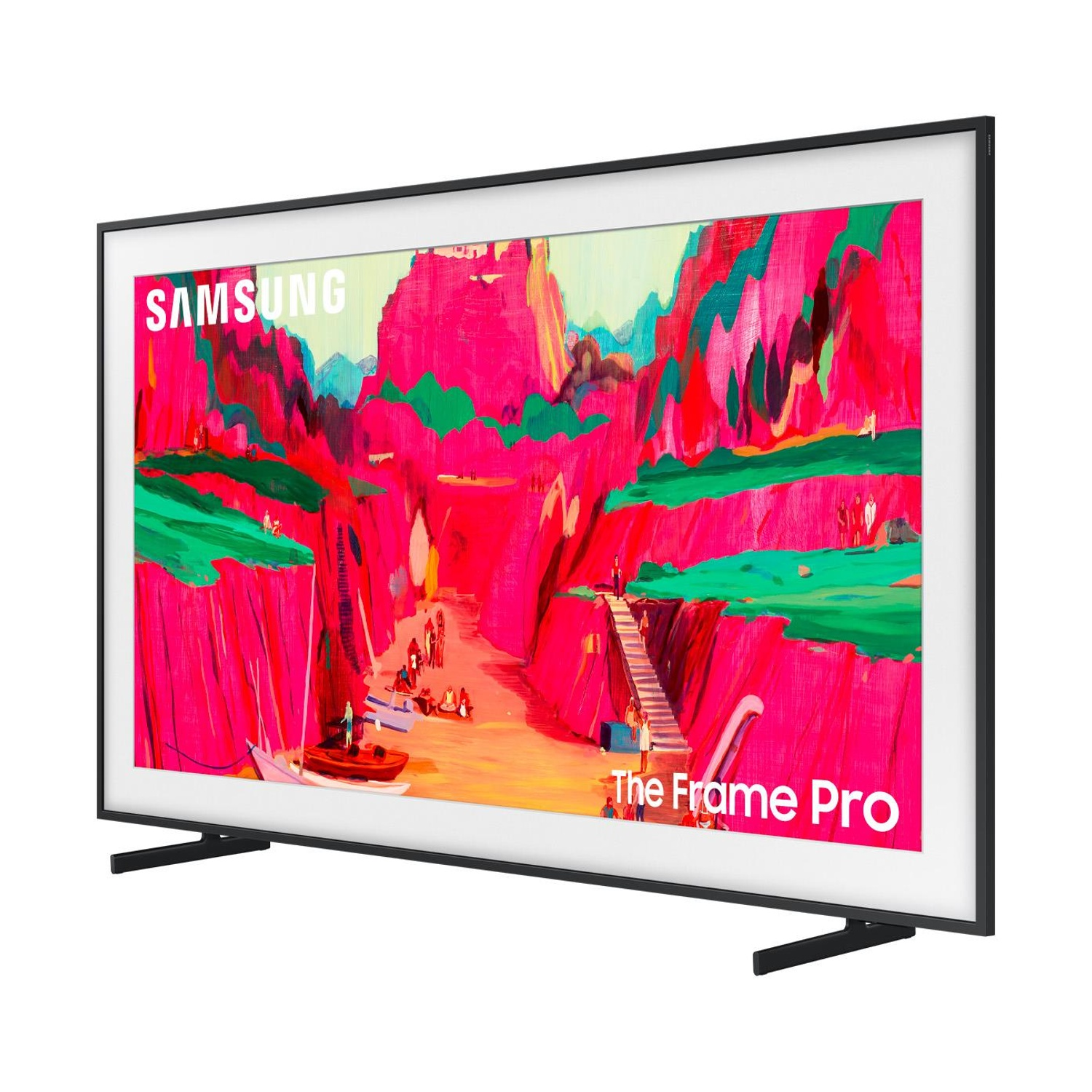 TV Samsung The Frame Pro con dipinto colorato, cornice e supporto neri.