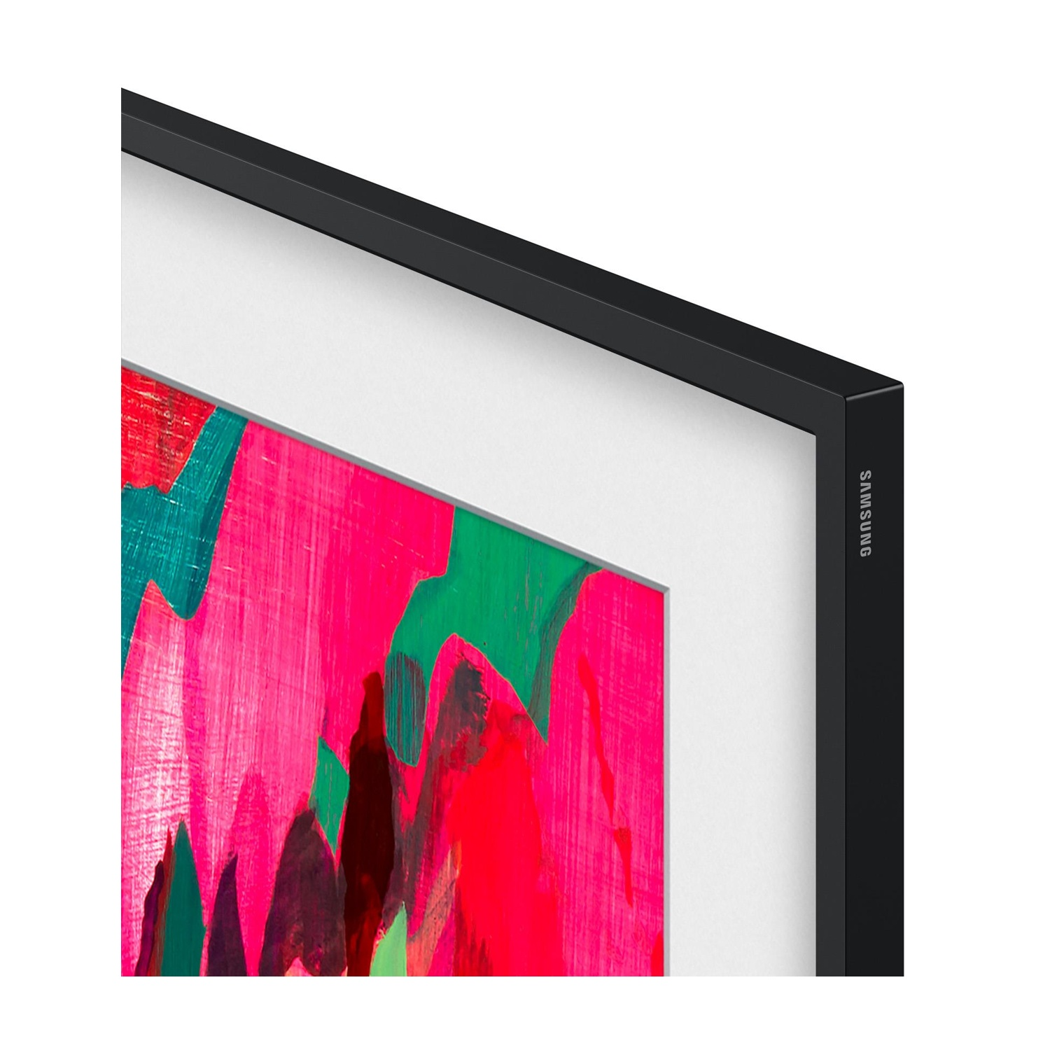 Primo piano di un TV con cornice nera che mostra arte astratta colorata.