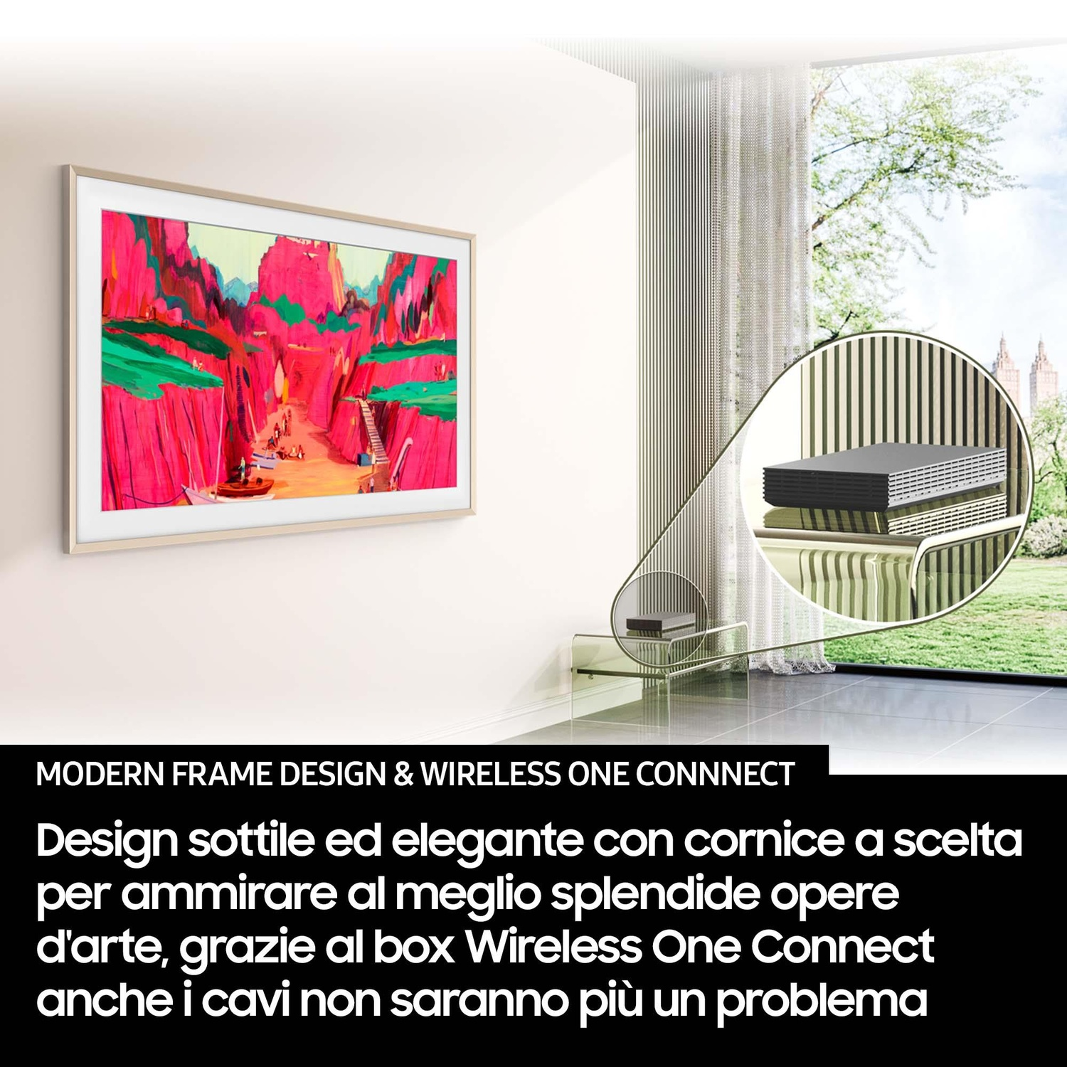Un televisore a parete con un design moderno, con una vista ingrandita.