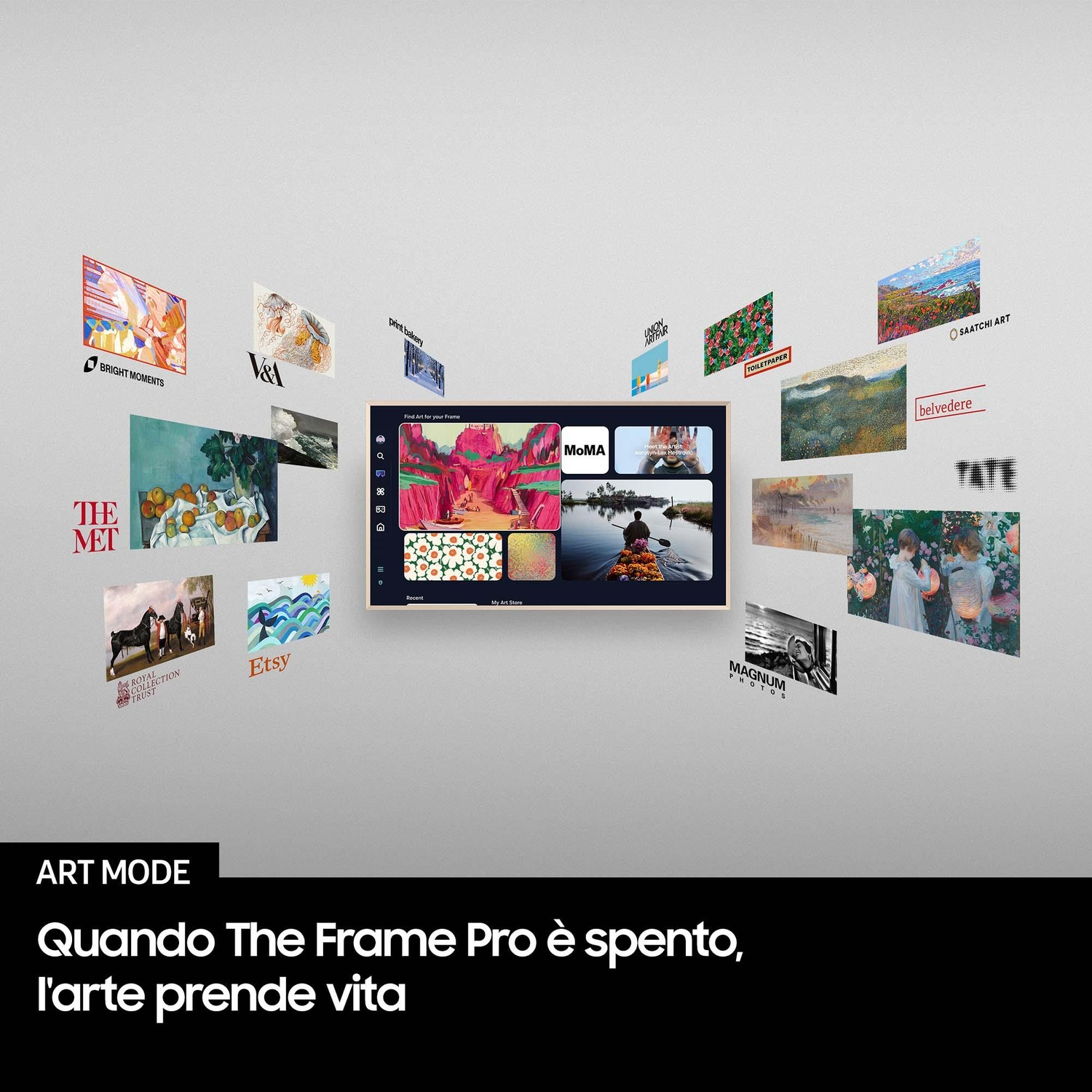 Schermo TV che mostra arte. Varie immagini d'arte circondano lo schermo. Testo: 'Modalità Arte'.
