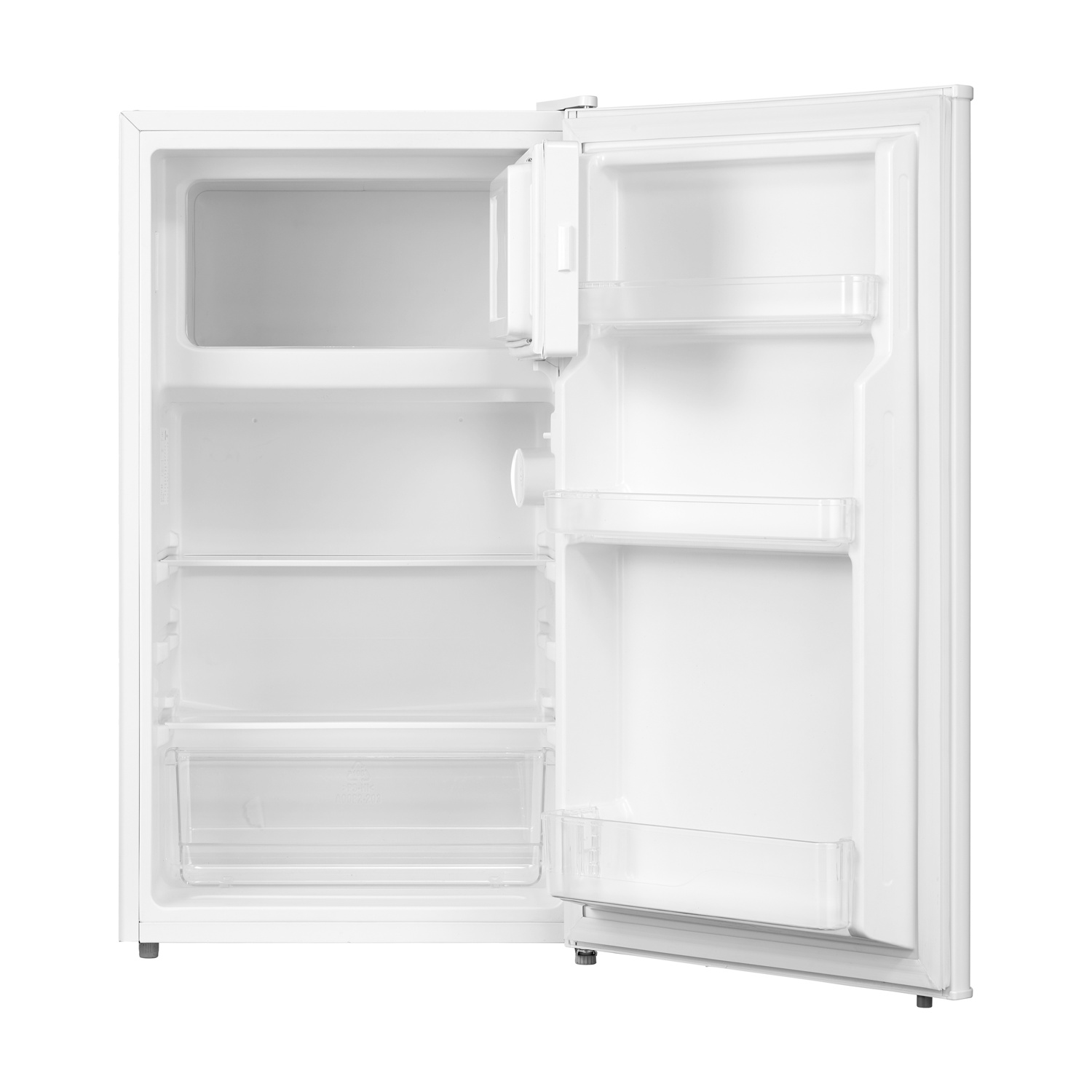 Un frigorifero bianco aperto con ripiani e scomparti. La porta è socchiusa, rivelando un interno vuoto.