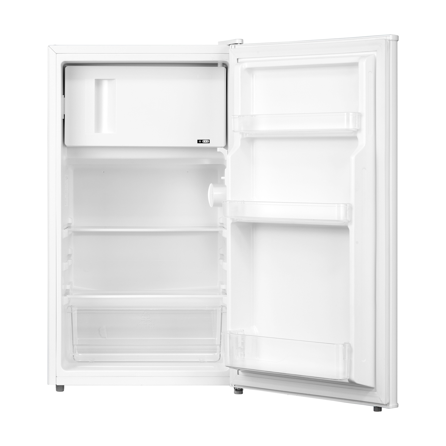 Mini-frigorifero bianco con la porta aperta. All'interno, ci sono ripiani e un vano congelatore. La porta è a destra.