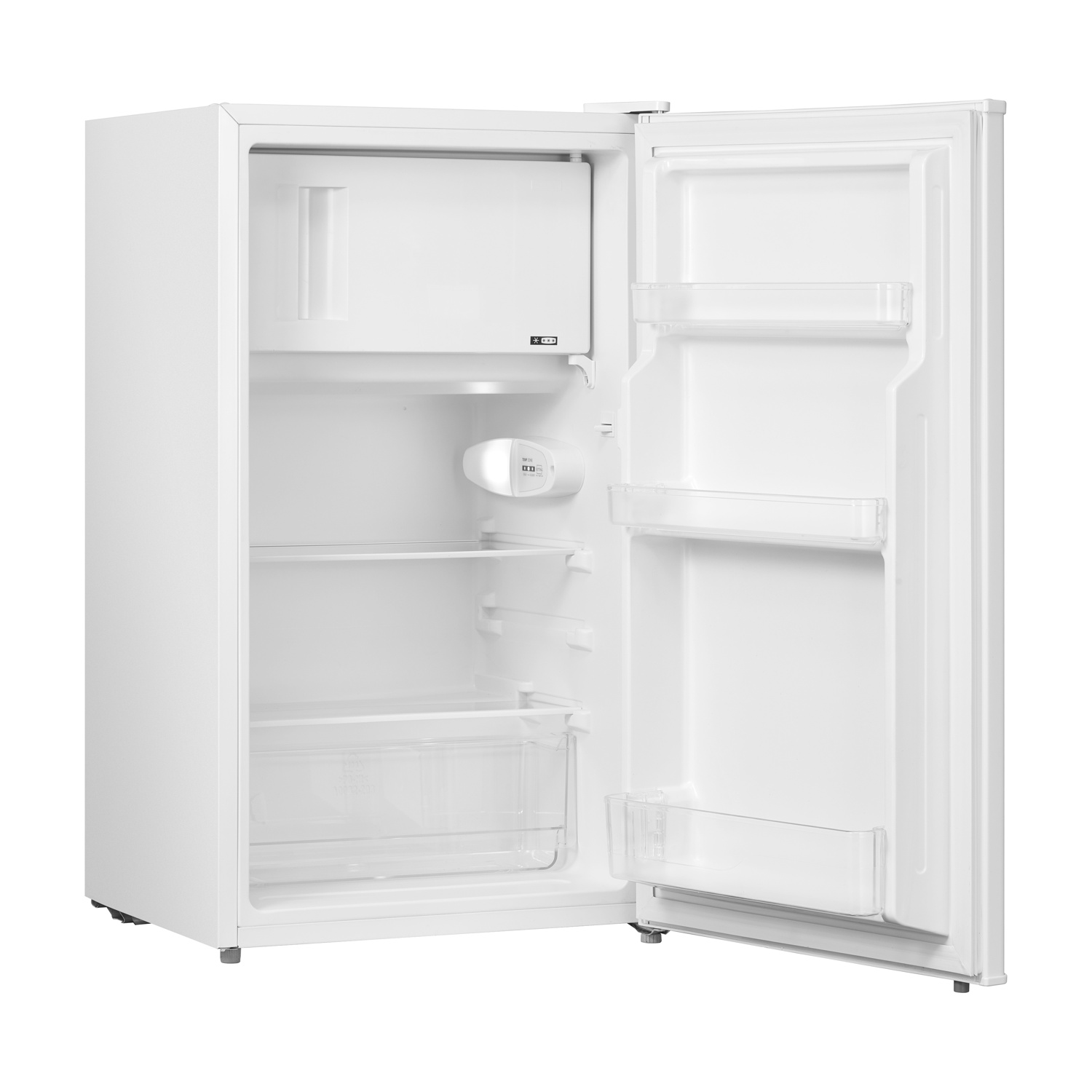 Un frigorifero bianco con la porta aperta. All'interno, ci sono ripiani e un cassetto per verdura. La porta ha ripiani.