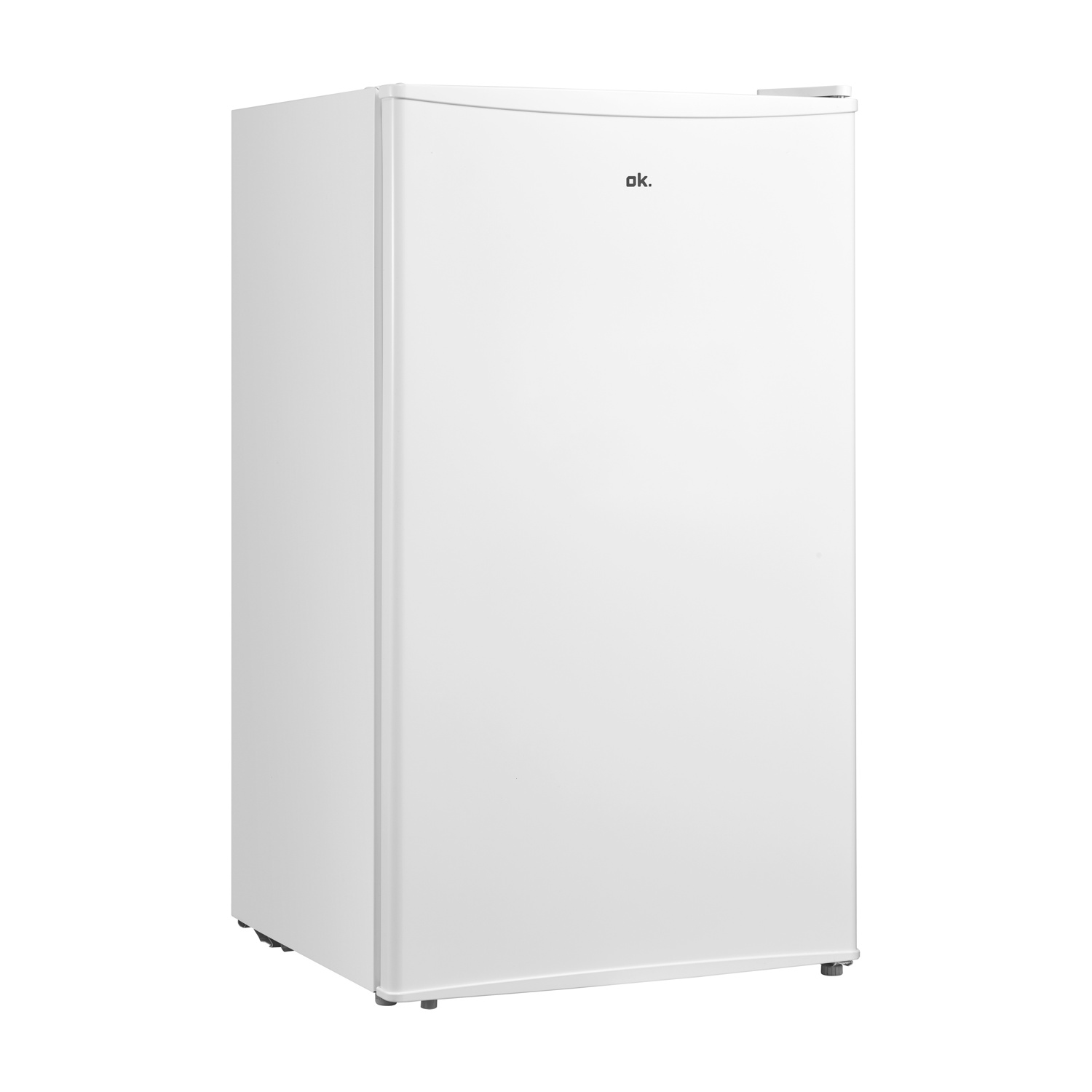 Un frigorifero bianco con il logo 'ok.'. È un piccolo elettrodomestico a una porta, su sfondo bianco.