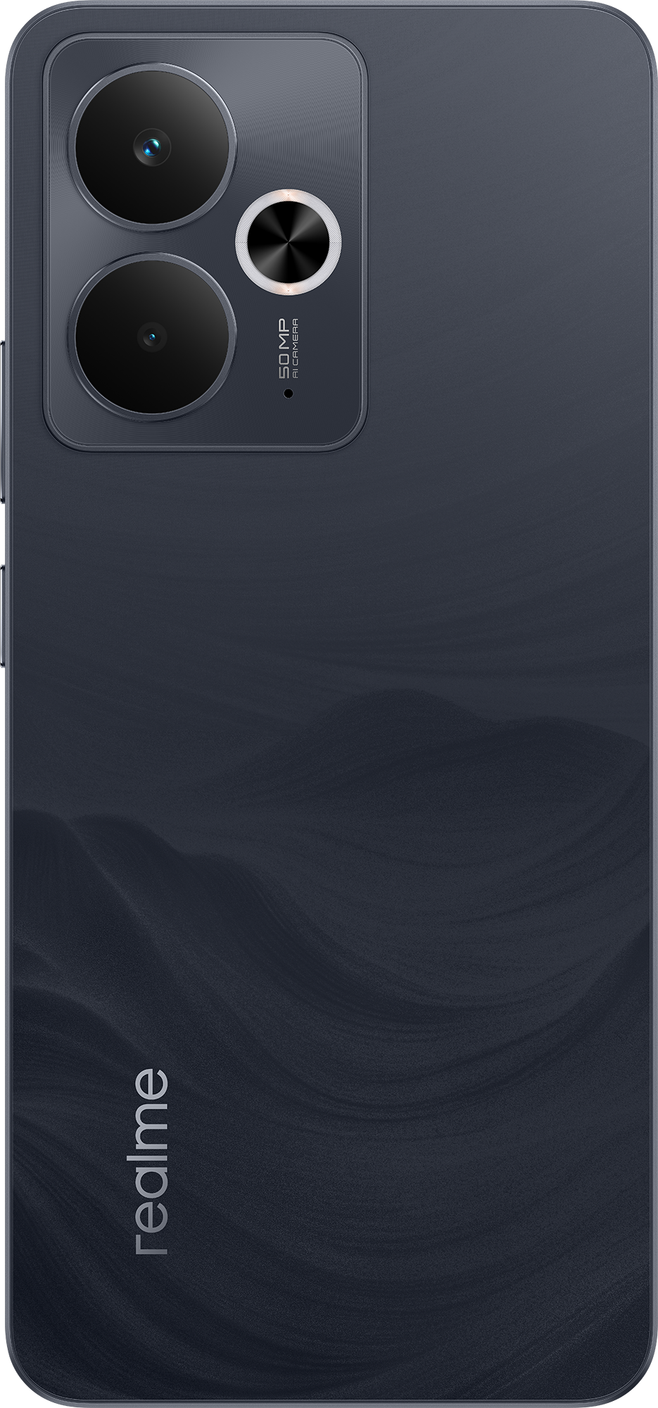 Egy sötétszürke Realme telefon hátulja, két nagy kamerával.