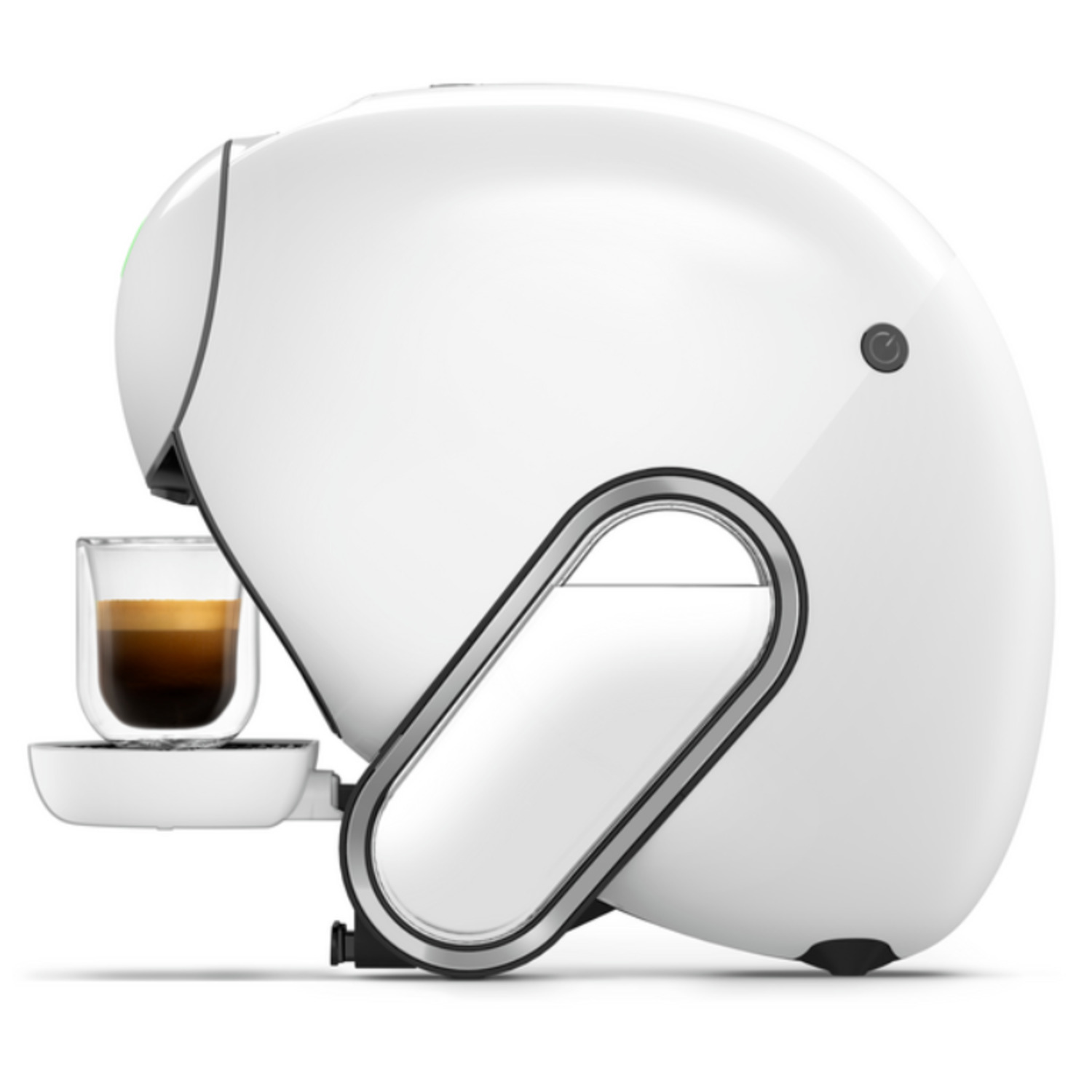Witte koffiemachine met een glas koffie links. De machine is gebogen.