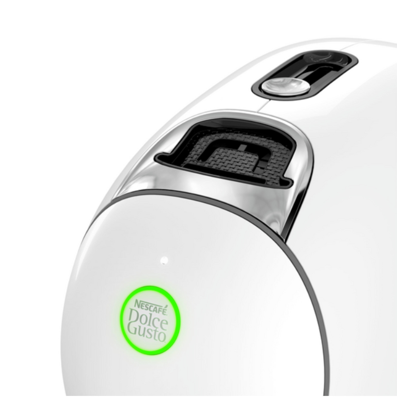 Een witte Dolce Gusto koffiemachine. Het heeft een groen oplichtend logo. De machine heeft een zilveren rand en een zwarte bovenkant.
