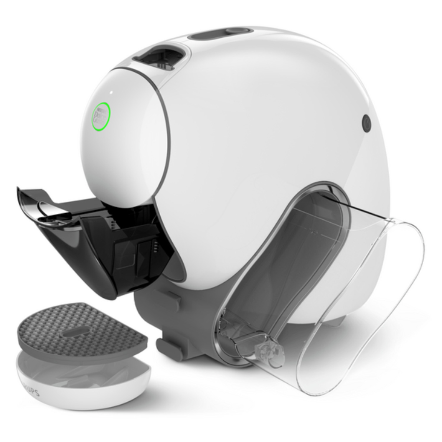 Een witgrijze koffiemachine met een zwarte basis, een uitneembare lade en een transparant waterreservoir. De aan/uit-knop is groen.