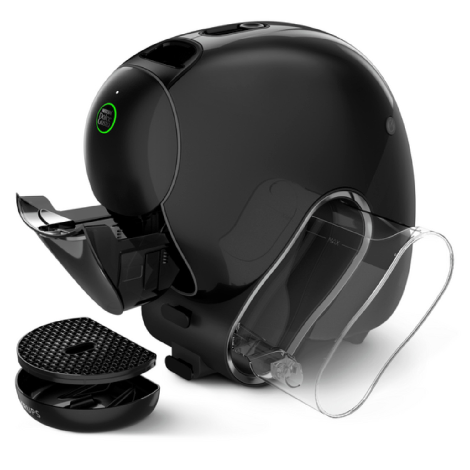 Een zwarte Dolce Gusto koffiemachine. Het heeft een afgerond ontwerp met een watertank. De lekbak en de padhouder zijn apart.