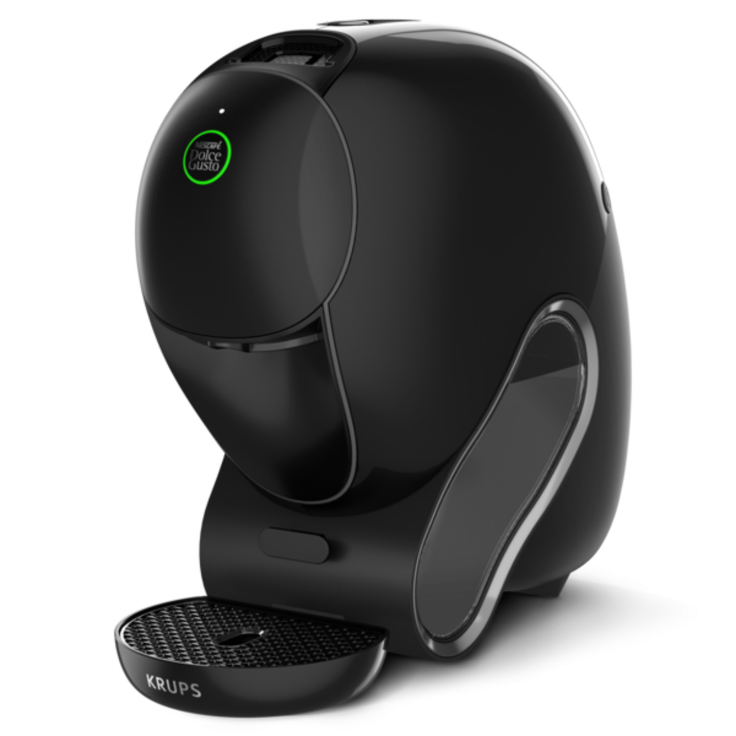 Een zwarte Dolce Gusto koffiemachine op een witte achtergrond. Het heeft een groen licht en het merk KRUPS is zichtbaar.