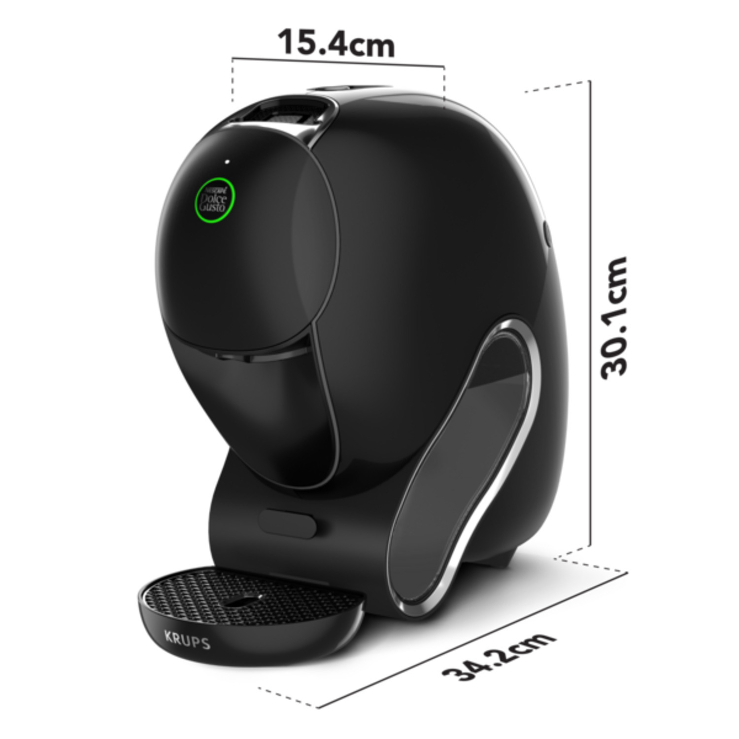 Zwarte Krups Dolce Gusto koffiemachine. Afmetingen: 15,4 cm breed, 30,1 cm hoog en 34,2 cm diep.
