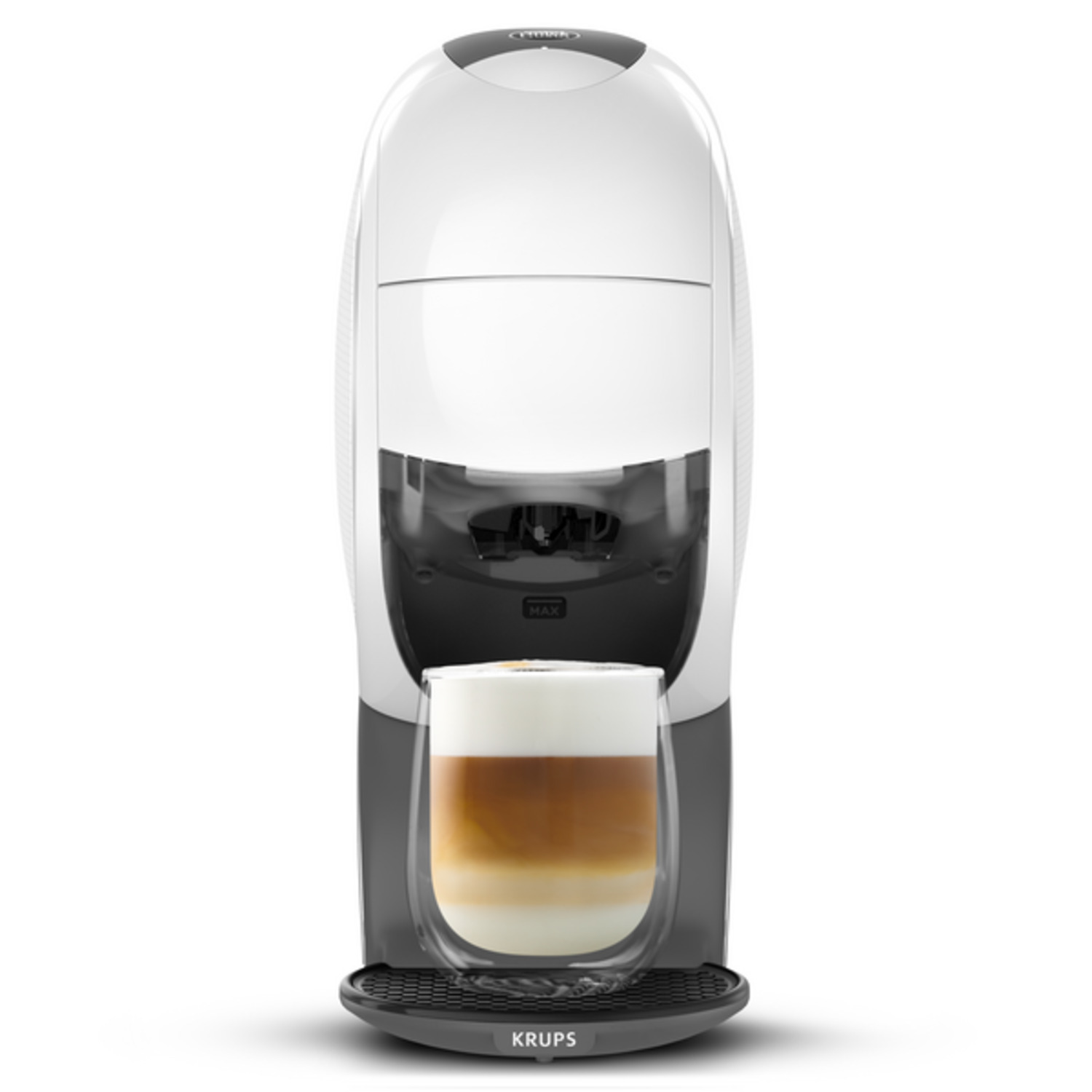 Een wit en grijze koffiemachine met een glas gelaagde latte. De machine heeft een zwarte basis en een Krups-logo.