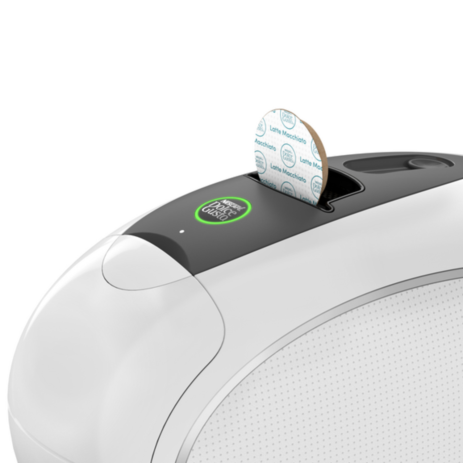 Een wit en grijs Dolce Gusto koffiezetapparaat met een koffiepad erin. Op de pad staat Latte Macchiato.