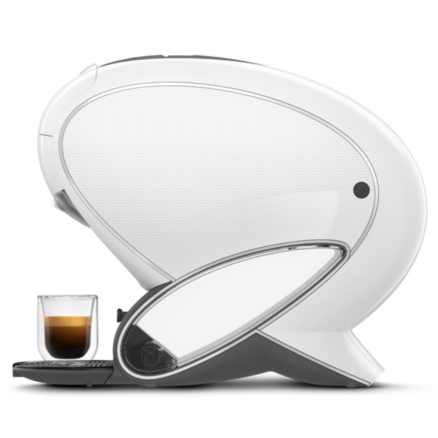 Een witte, moderne koffiemachine met een glas espresso. De machine heeft een uniek ontwerp en een donkergrijze basis.