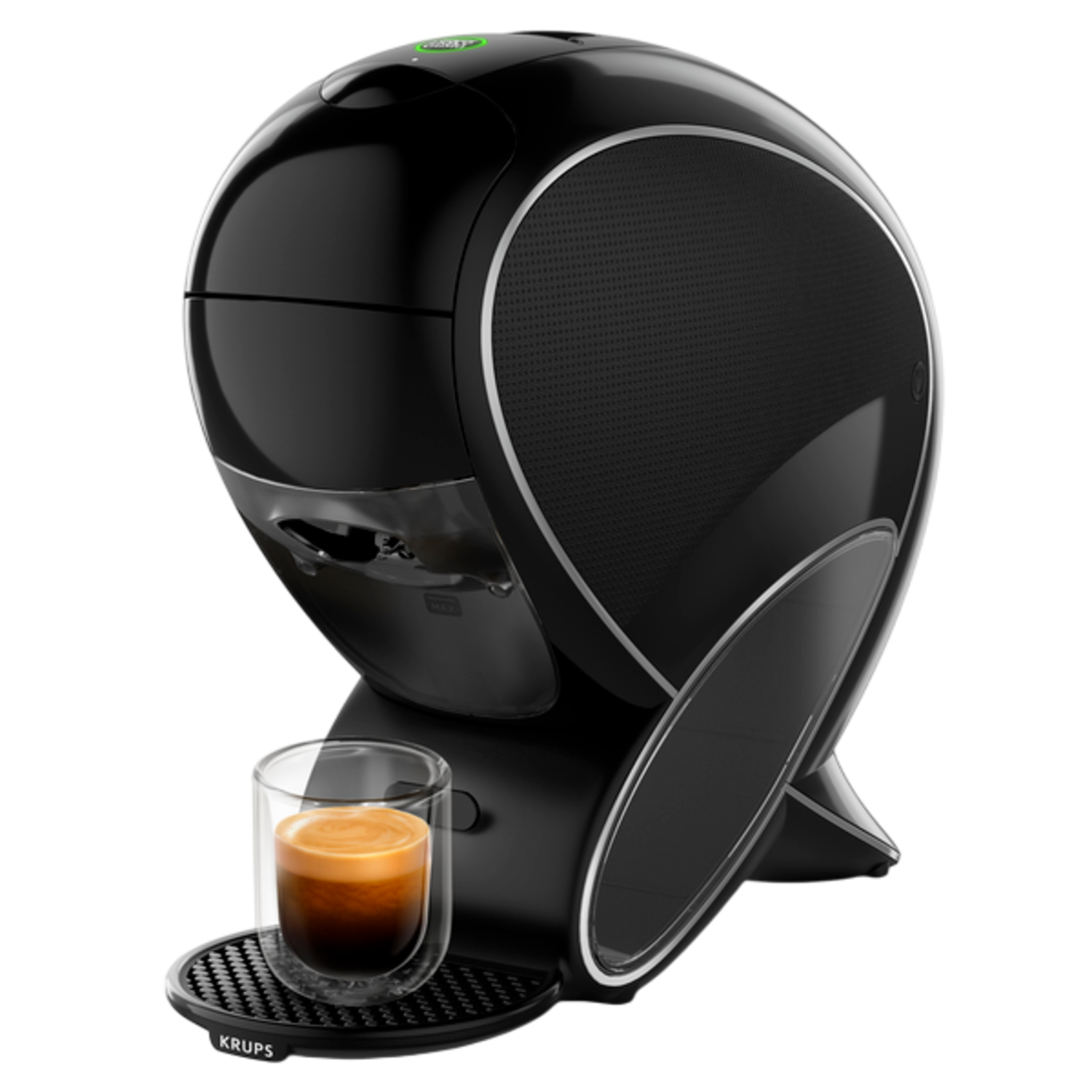Machine à café Krups noire avec une tasse d'espresso. La machine a un design élégant. Le café est dans une tasse en verre sur un support noir.