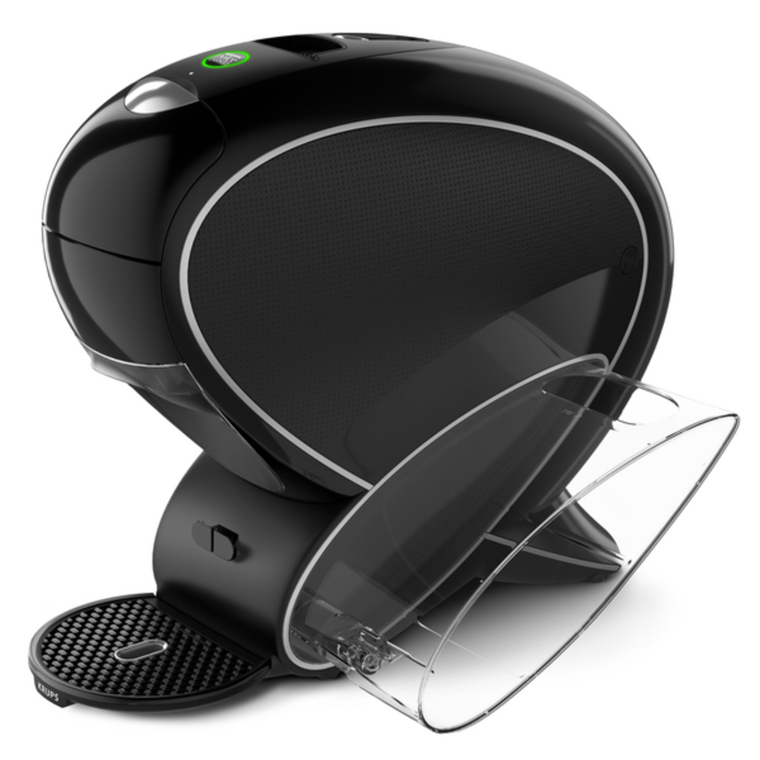 Zwarte Krups koffiemachine. Het heeft een doorzichtige watercontainer. Er brandt een groen lampje bovenop. Zwarte ronde basis.