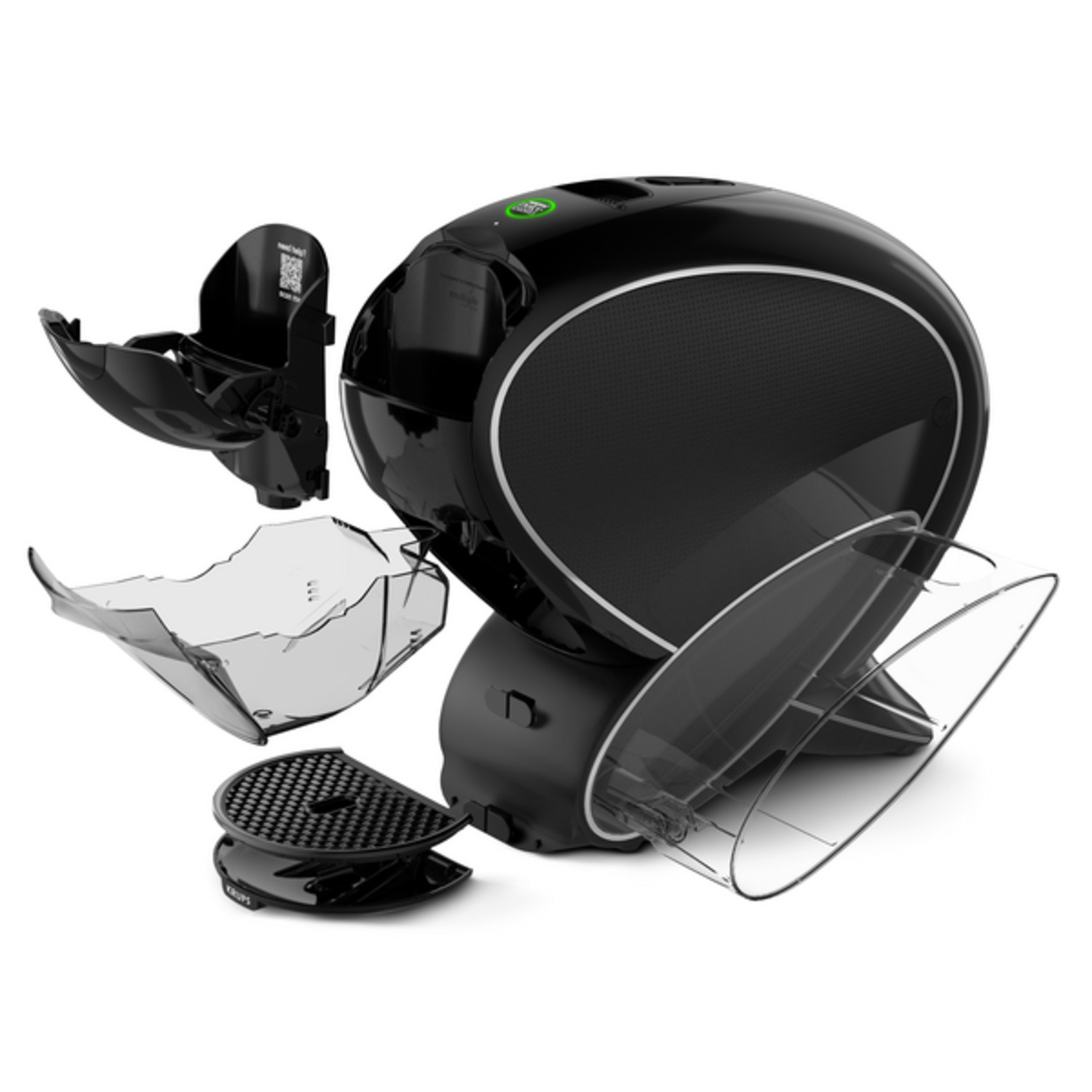 Zwarte koffiemachine met afneembare onderdelen: watertank, capsulehouder en lekbak. Transparante plastic componenten zijn zichtbaar.