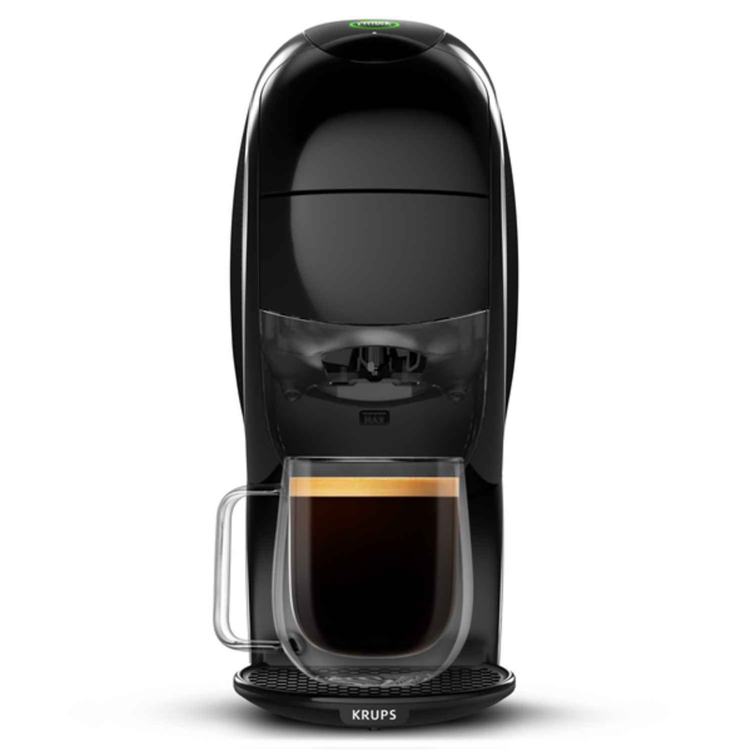 Zwarte Krups koffiemachine met een glazen mok gevuld met koffie. De machine heeft een groen licht aan de bovenkant en een transparante watertank.
