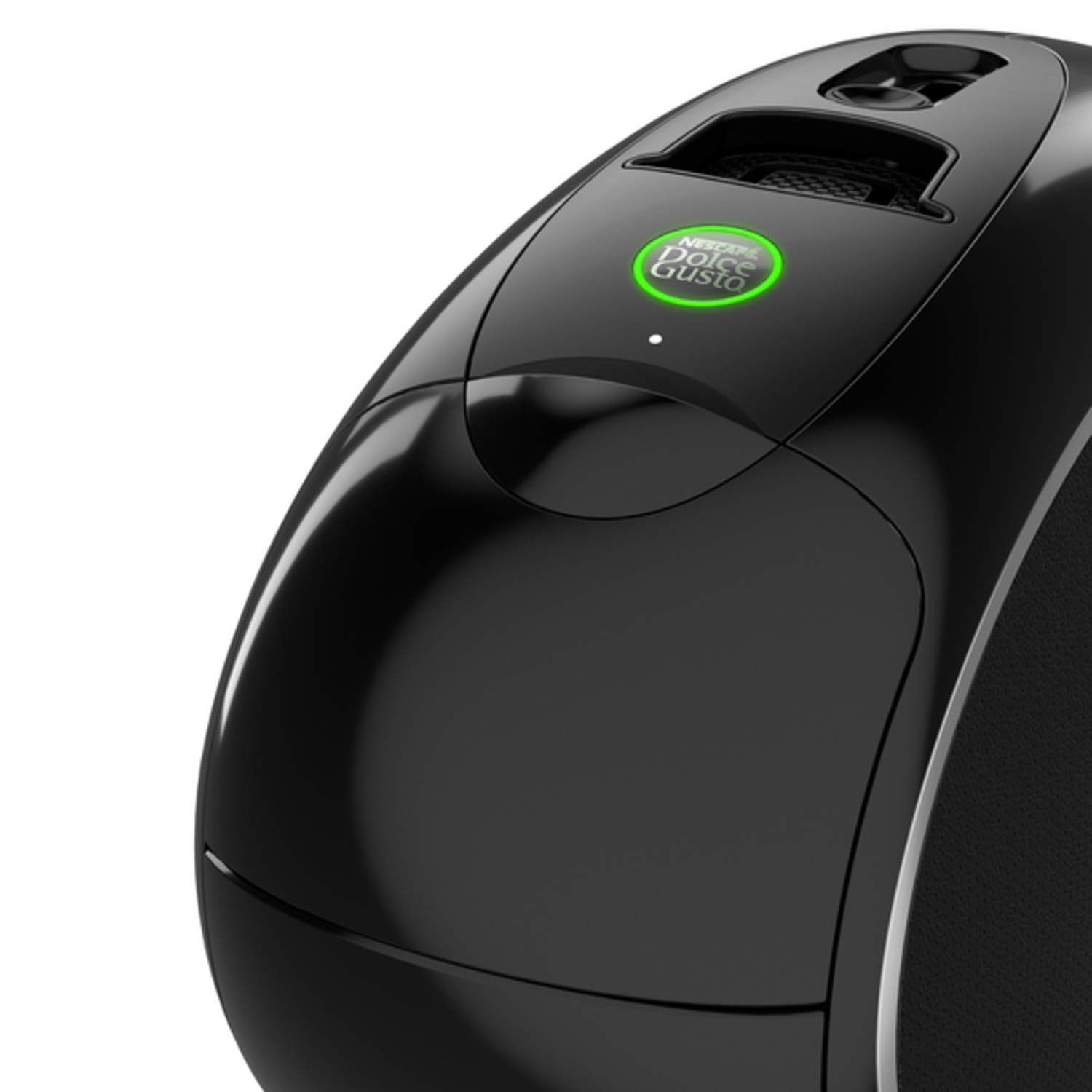 Zwarte Dolce Gusto koffiemachine. Een groen verlicht logo is zichtbaar. De machine staat op een witte achtergrond.