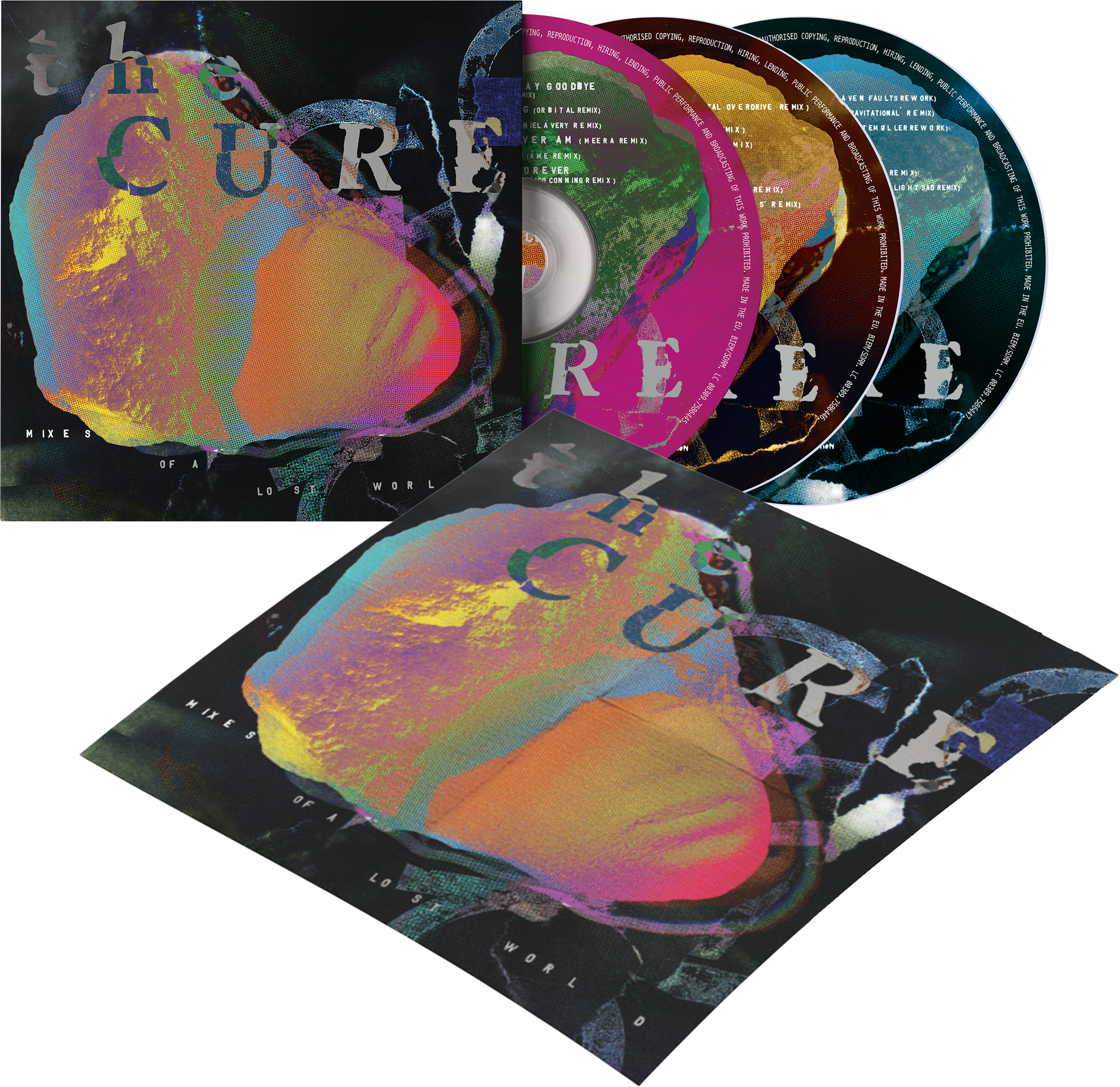 The Cure album borítója. Több CD tok színes műalkotással. Fekete háttér. CD-k láthatók.