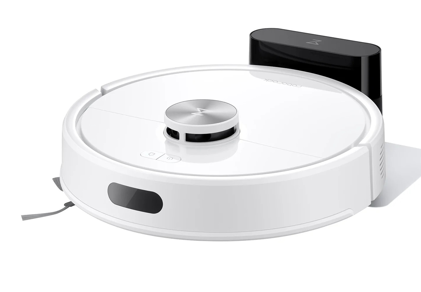 Biały robot sprzątający z czarną stacją ładującą na białej powierzchni.