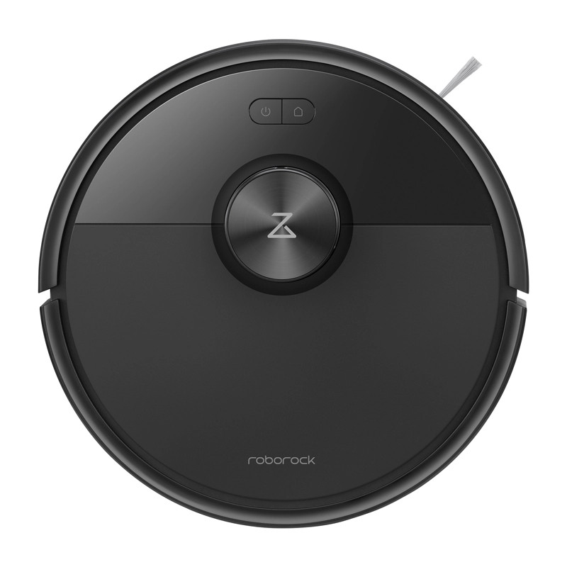 Czarny, okrągły odkurzacz automatyczny z przyciskami i logo.