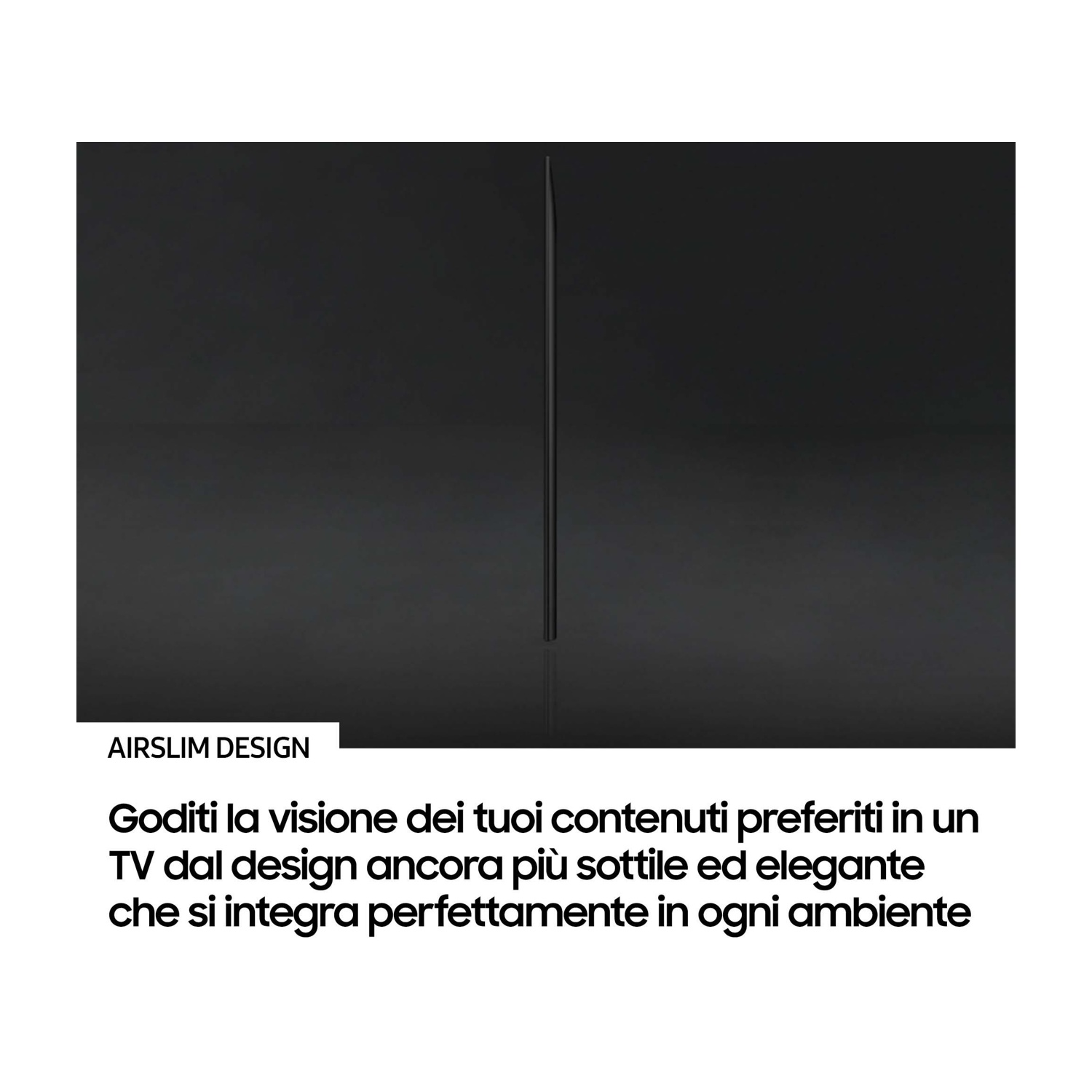 Primo piano di uno schermo TV, che mostra una cornice nera. Sotto, testo in italiano.