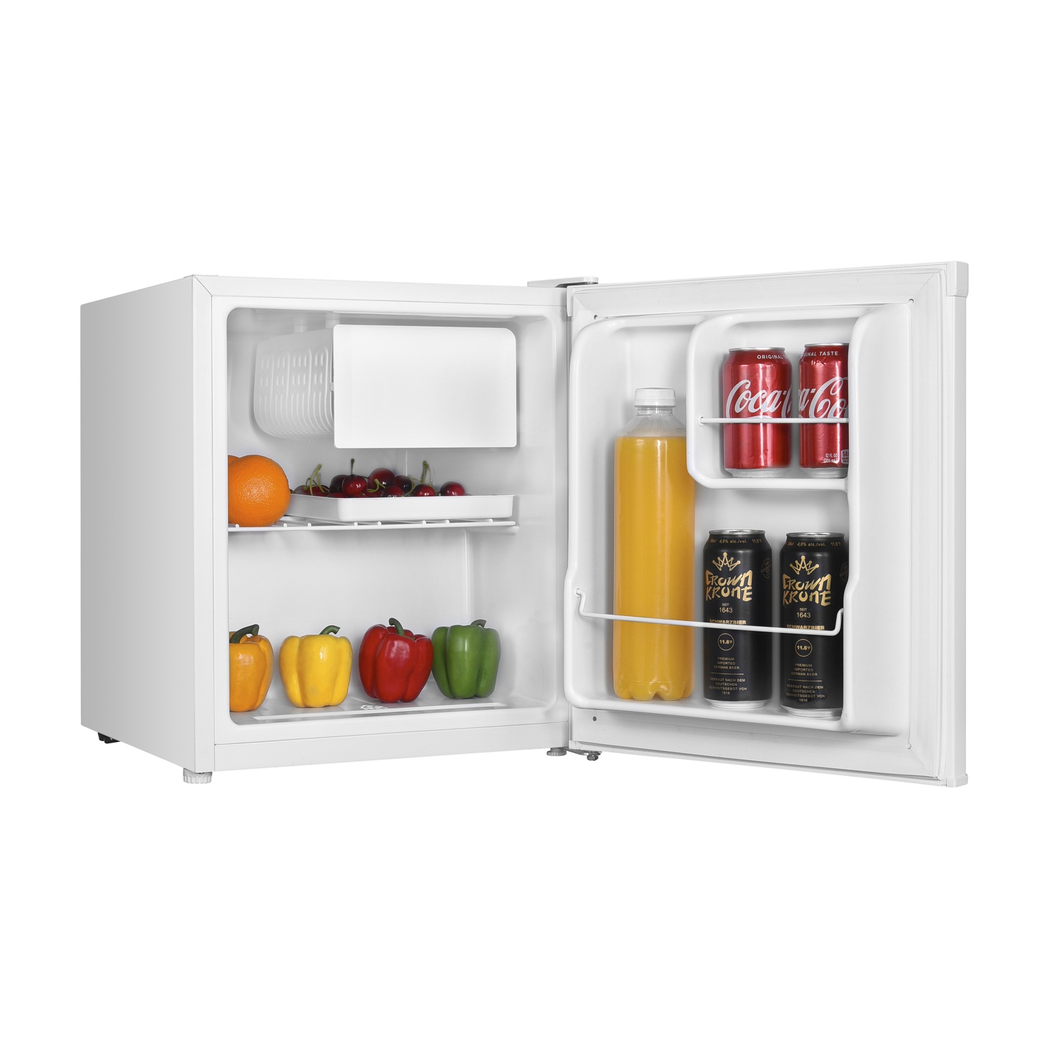 Mini frigo bianco aperto con cibo: arancia, ciliegie, peperoni, succo, bevande.