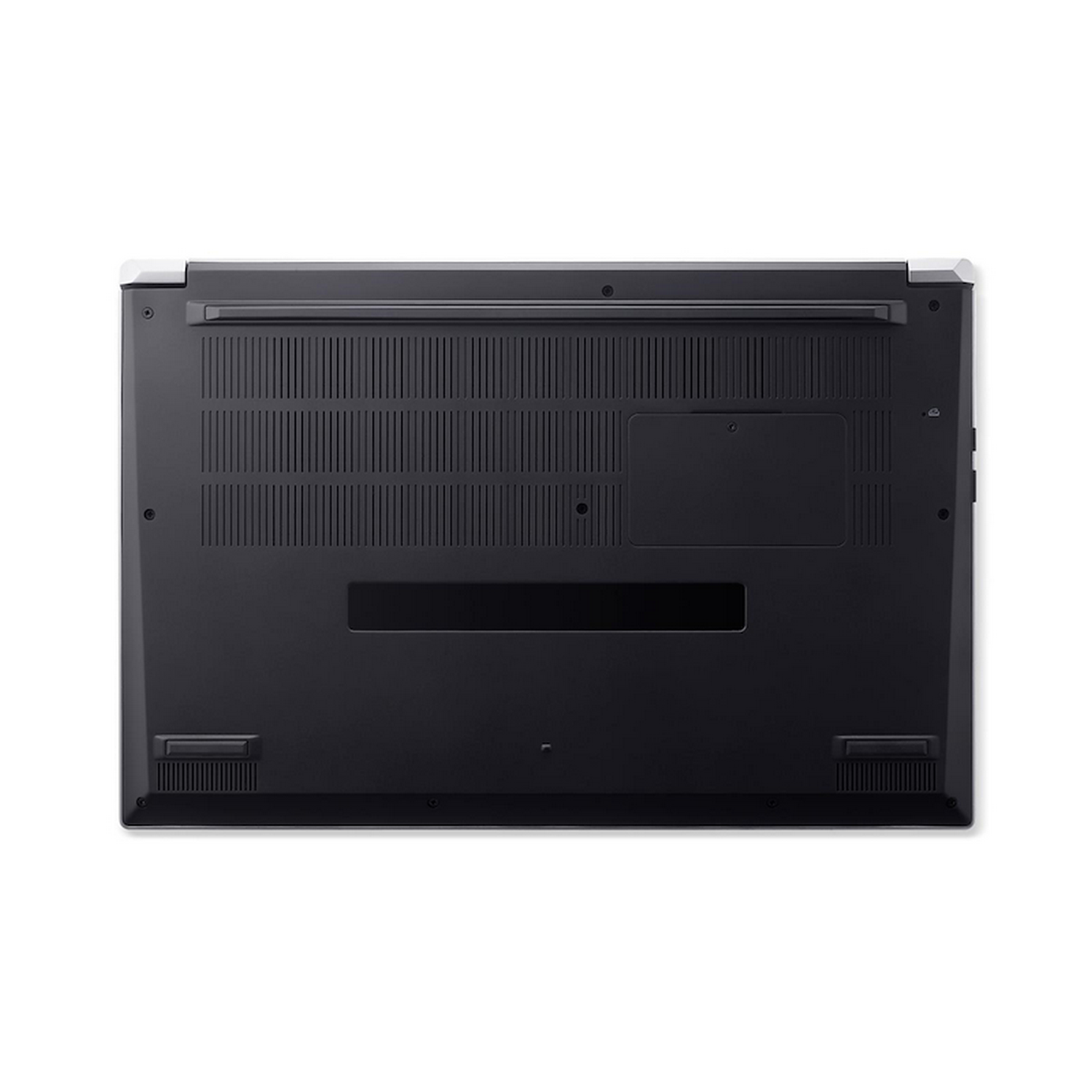 La parte inferior de una computadora portátil negra. Hay rejillas de ventilación y tornillos visibles. El logotipo de Acer está presente.