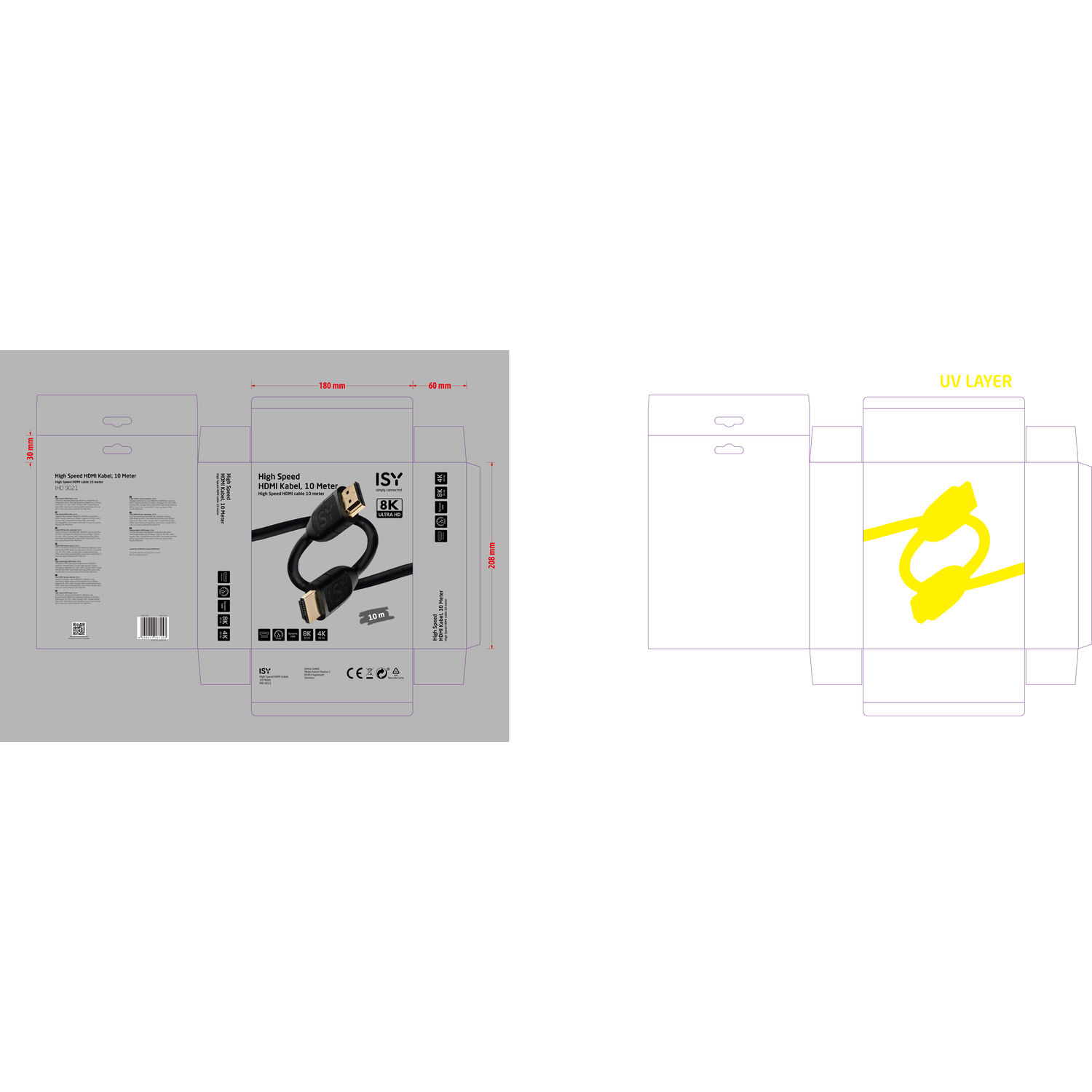 Conception d'emballage pour câble HDMI haut débit. Comprend les dimensions, l'image du câble et divers icônes.