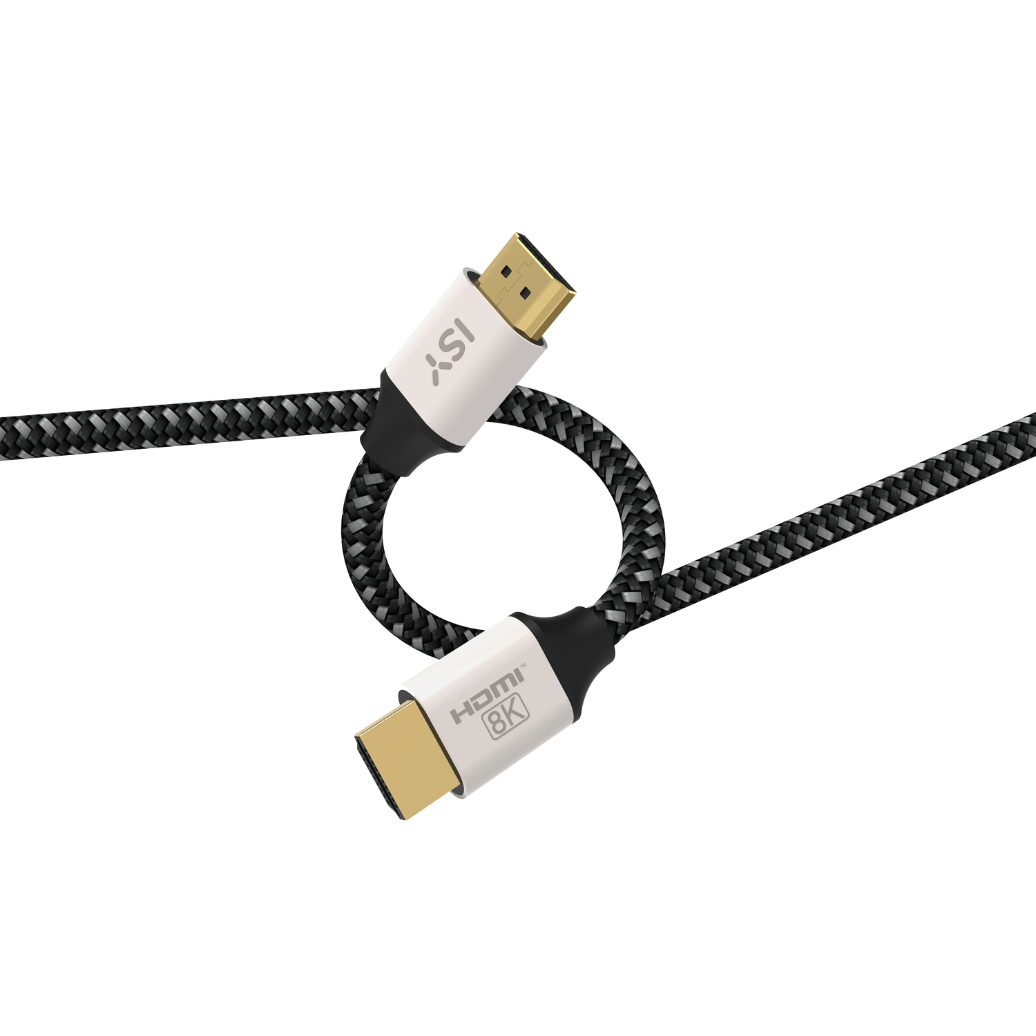 Black and white HDMI cable with connectors. The cable has a textured design.