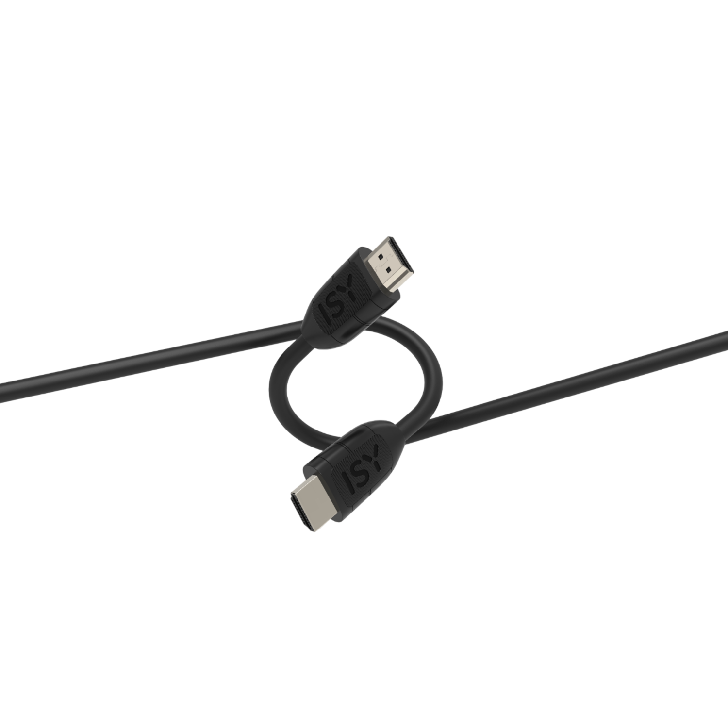 Zwarte ISY HDMI naar USB-C kabel, in een achtvorm op een donkere achtergrond.