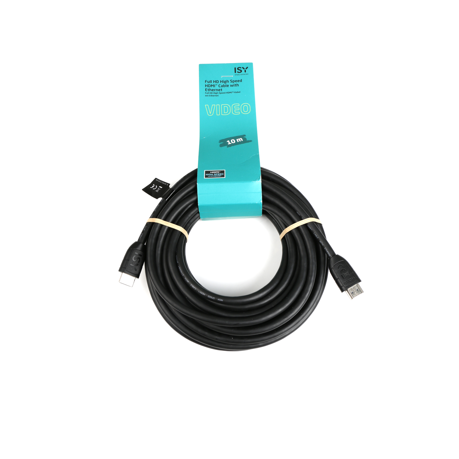 Black HDMI cable rolled up with a label, showing the cable's connectors.