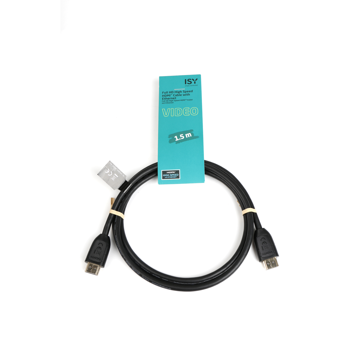 Black HDMI cable with white label and plastic ties. White background.