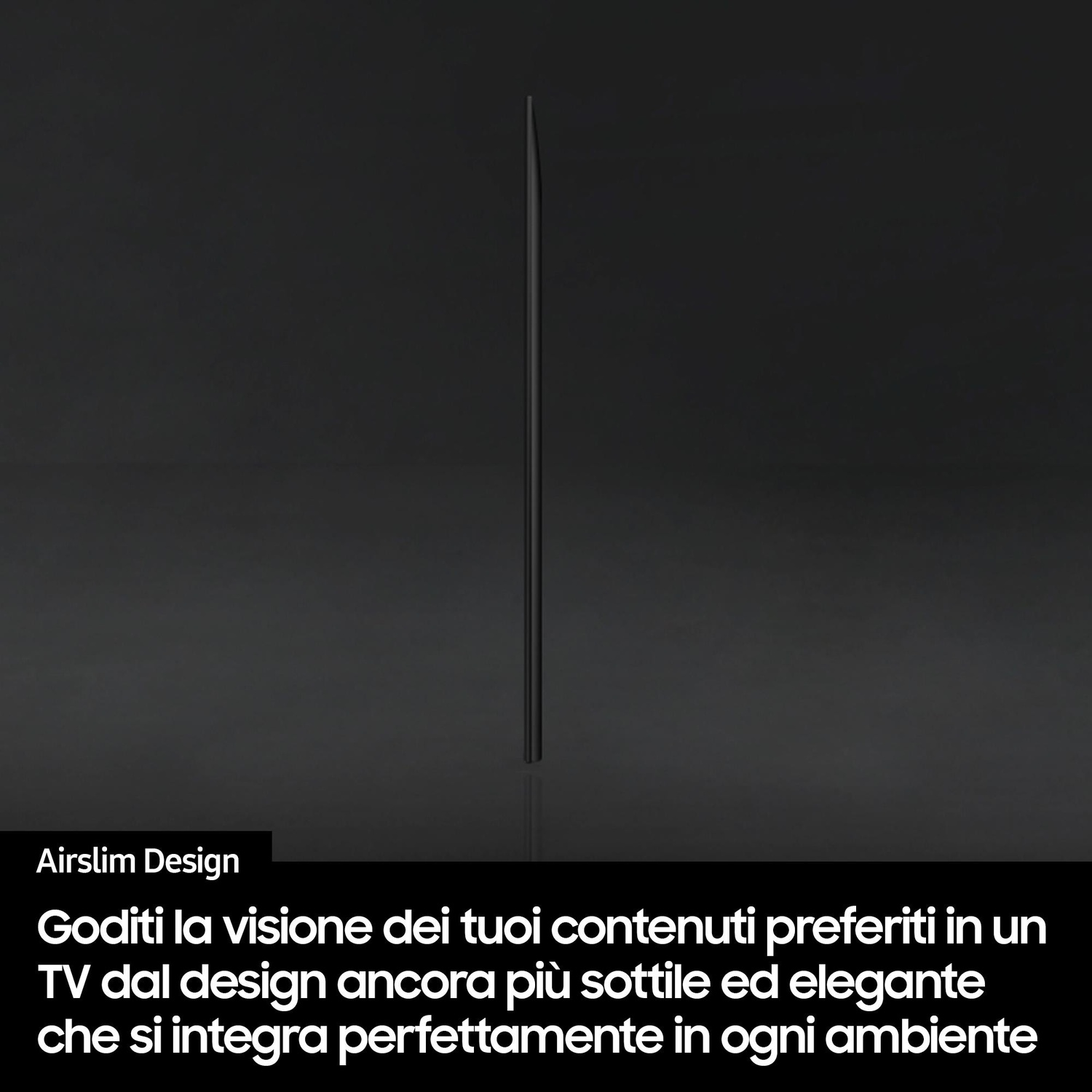 Vista laterale di una TV nera dal design sottile, con sovrapposizione di testo.
