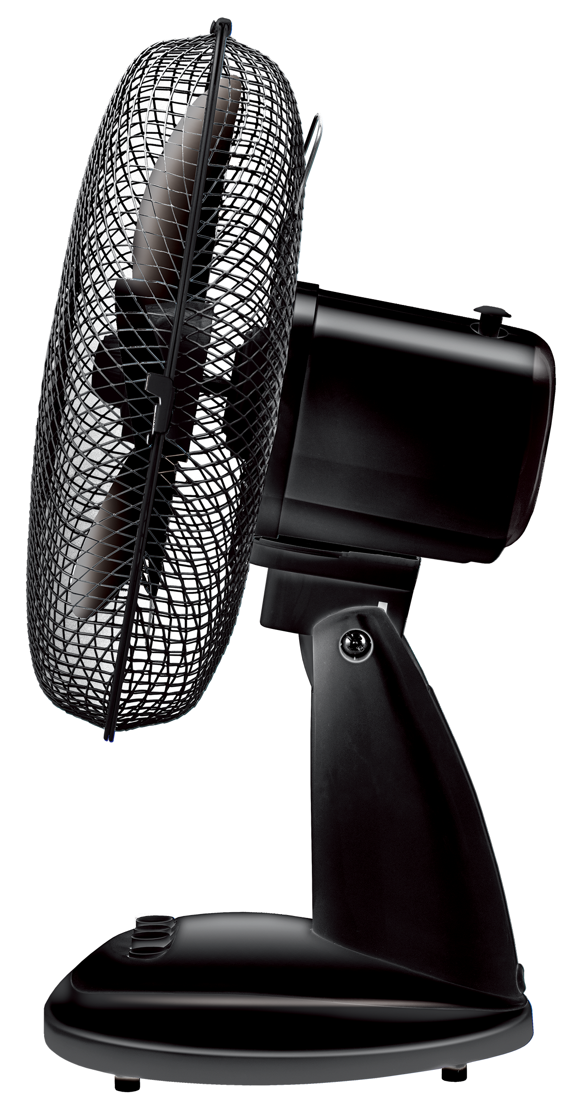 Czarny wentylator z siatką ochronną na stojaku.