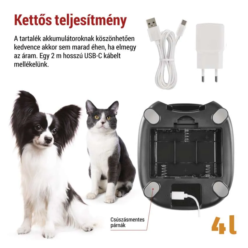 Egy kutya és egy macska, töltőkábellel és töltővel fehér háttéren.