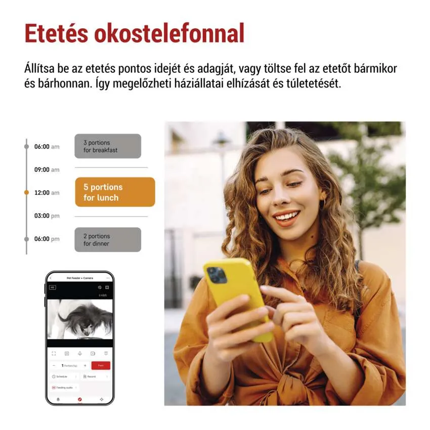 Nő telefont használ, egy alkalmazást mutat az etetési ütemezéshez és a távirányítóhoz.
