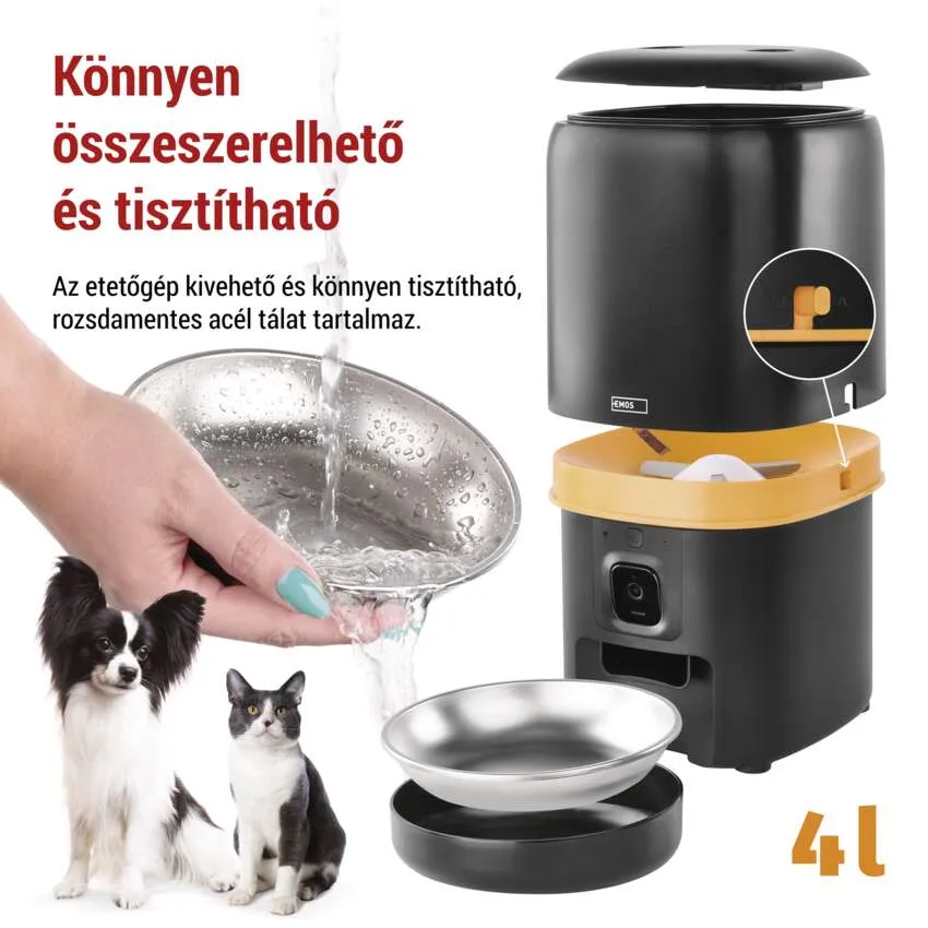 Egy etetőtál kutya és macska társaságában, miközben vizet öntenek a tálba.