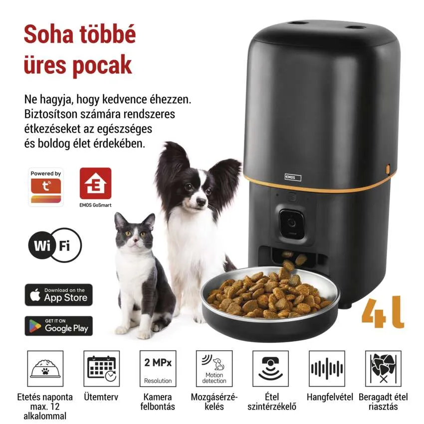 Egy macska és egy kutya egy állateledel-adagoló közelében. Az adagolóban étel van.