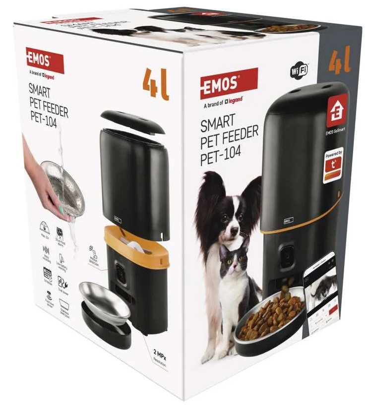 Dobozos EMOS Smart Pet Feeder PET-104, a takarmányozót, az ételt, valamint egy kutyát és macskát mutat.