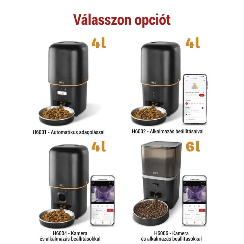 Négy kisállat-etető különböző modellekkel és funkciókkal, étellel és telefonos alkalmazásokkal.